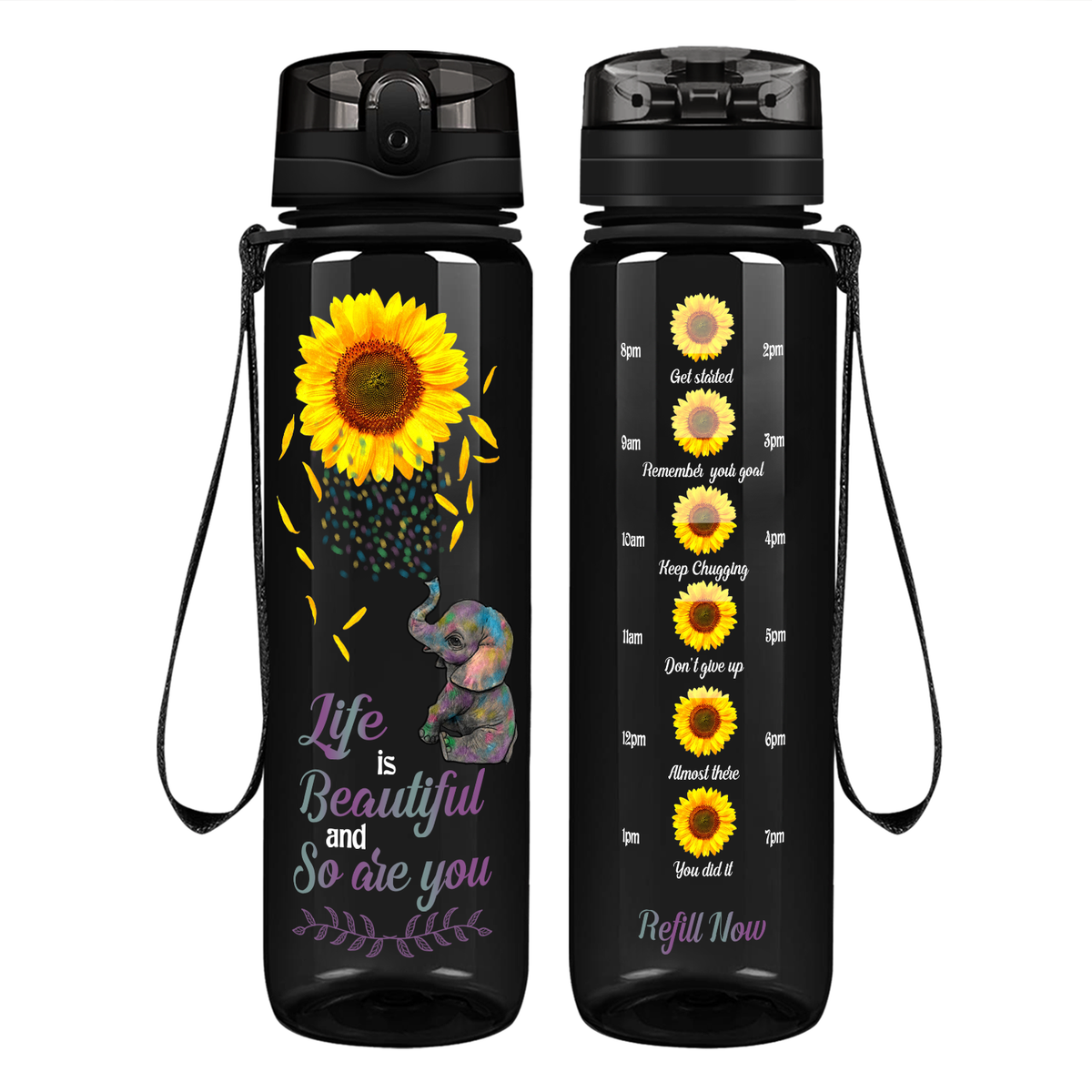 Life Is Beautiful and So Are You Sunflower with Elephant on 32 oz Motivational Tracking Water Bottle