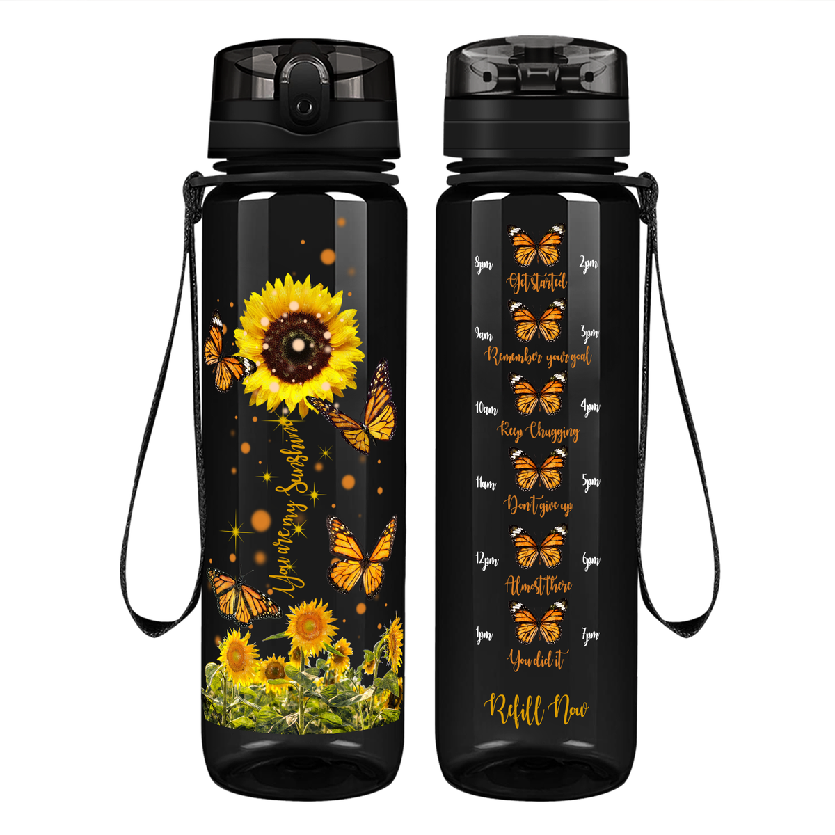 You Are My Sunshine Sunflower and Butterflies on 32 oz Motivational Tracking Water Bottle