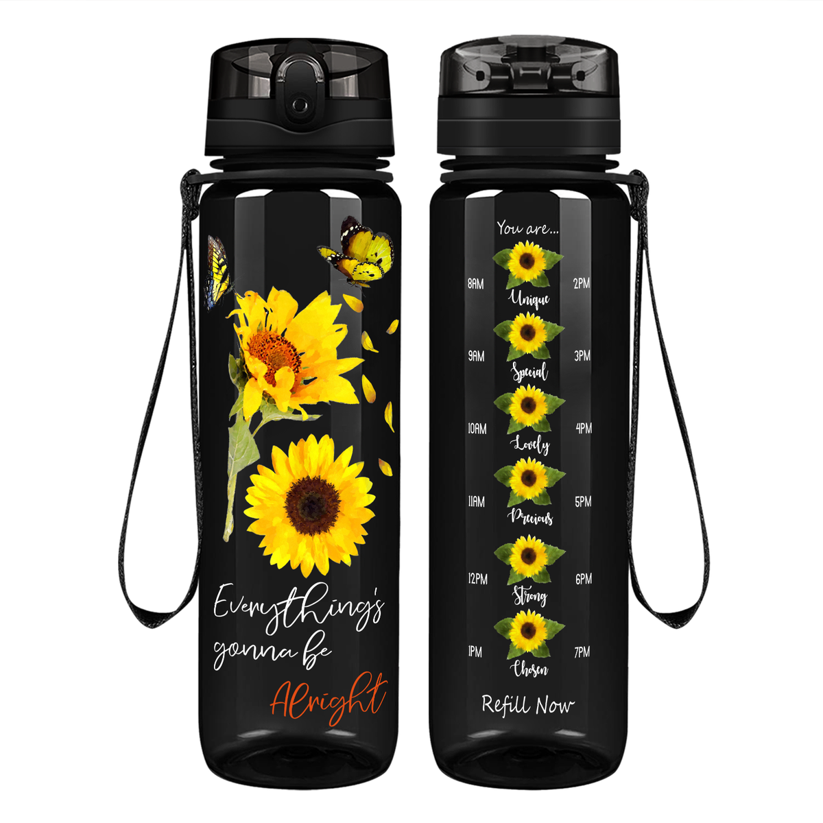 Everything's Gonna Be Alright Sunflower with Butterflies on 32 oz Motivational Tracking Water Bottle