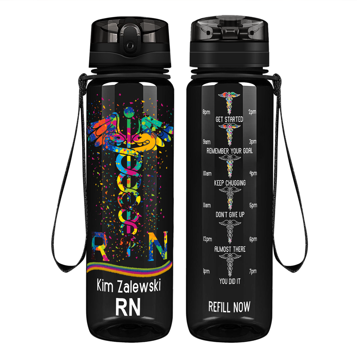 Personalized RN Caduceus Rainbow on 32oz Motivational Nurse Water Bottle