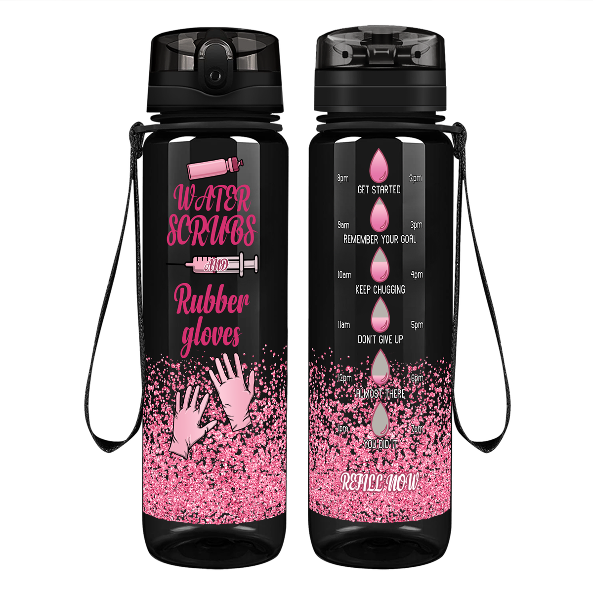 Pink Water Scrubs and Rubber Gloves on 32oz Motivational Tracking Nurse Water Bottle