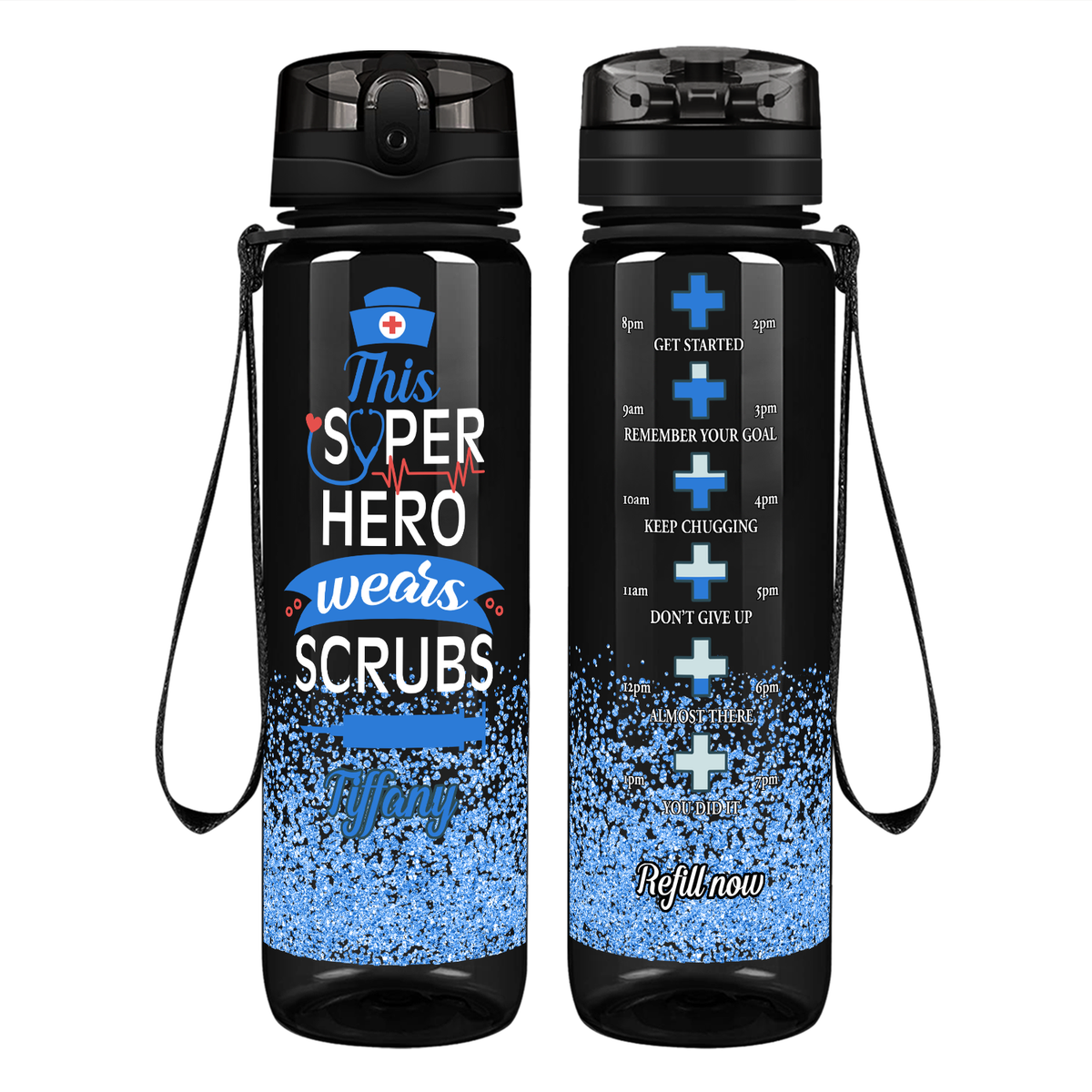Personalized This Superhero Wears Scrubs on 32oz Motivational Tracking Nurse Water Bottle