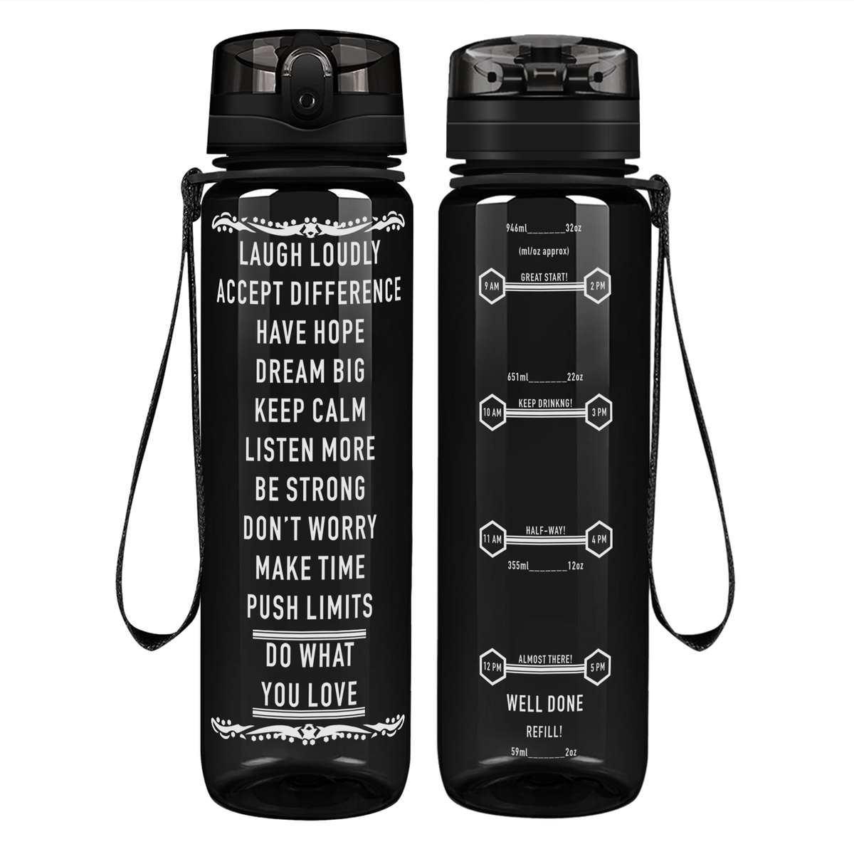 Laugh Loudly on 32 oz Motivational Tracking Water Bottle