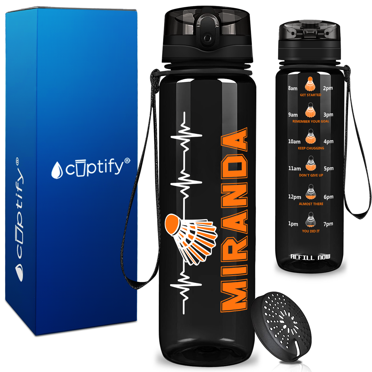 Personalized Badminton Heartbeat on 32 oz Motivational Tracking Water Bottle