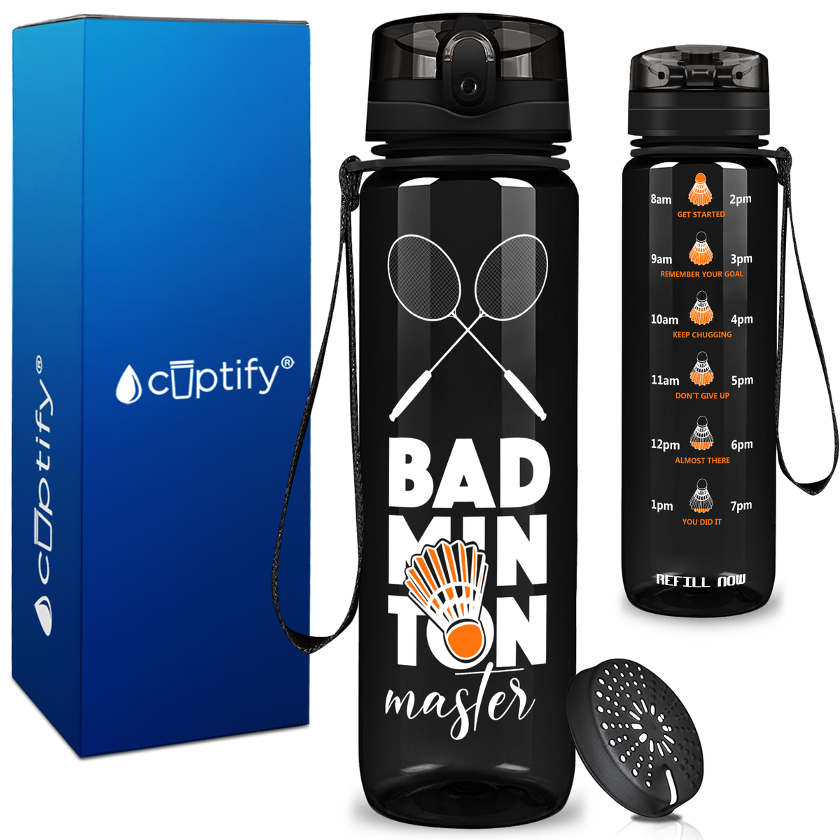 Personalized Badminton Master on 32 oz Motivational Tracking Water Bottle