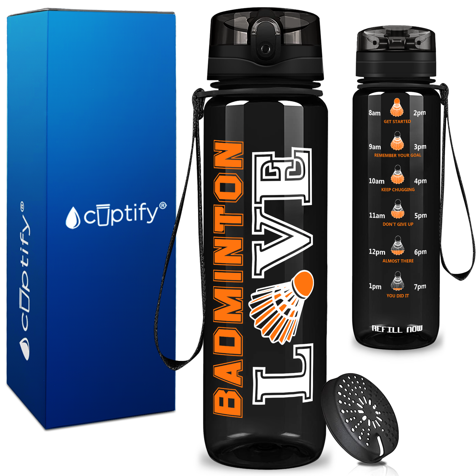 Love Badminton on 32 oz Motivational Tracking Water Bottle
