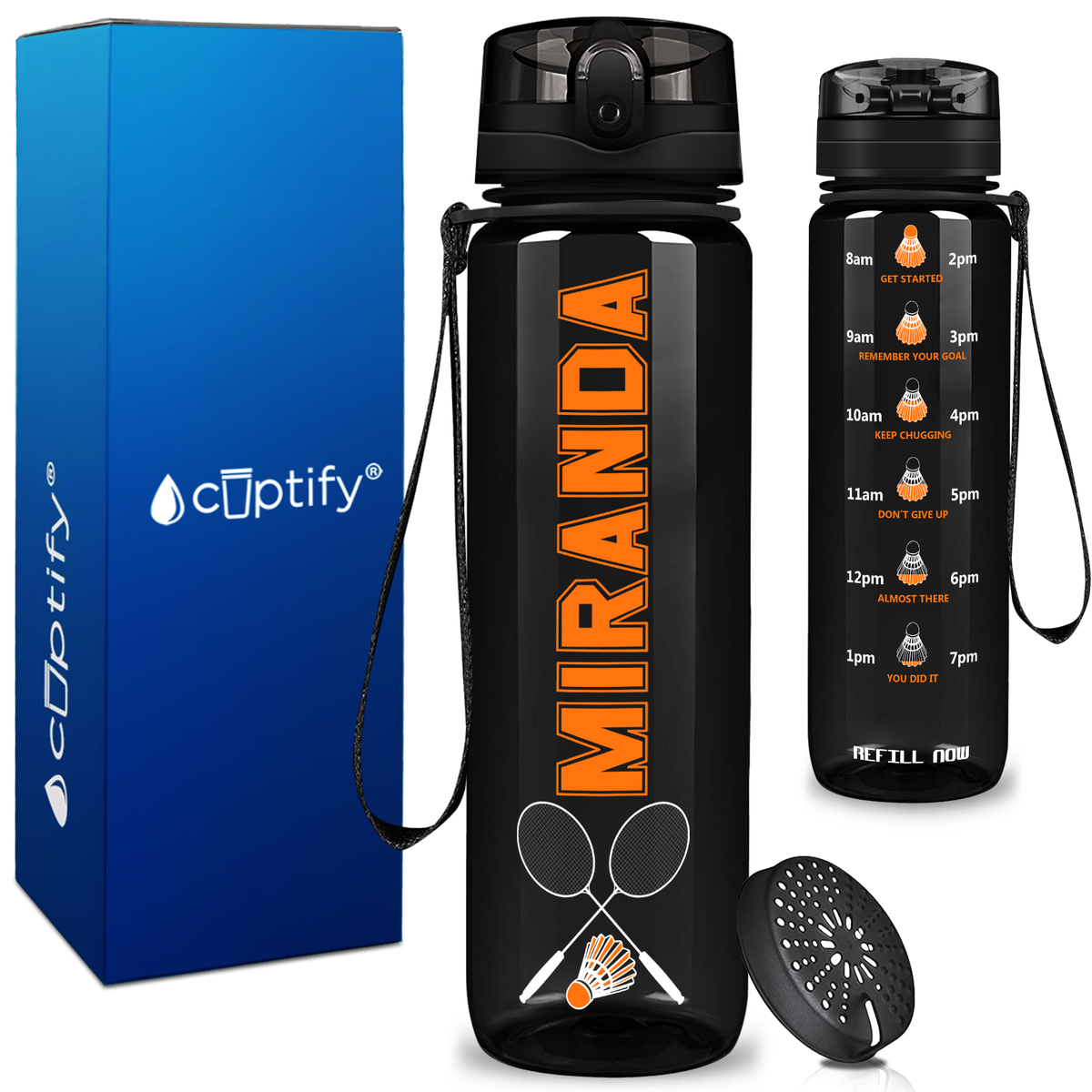 Personalized Badminton Rackets and Shuttlecock on 32 oz Motivational Tracking Water Bottle