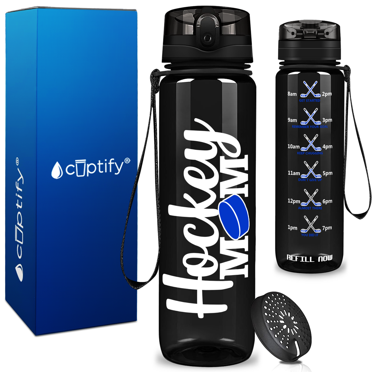 Hockey Mom with Puck on 32 oz Motivational Tracking Water Bottle