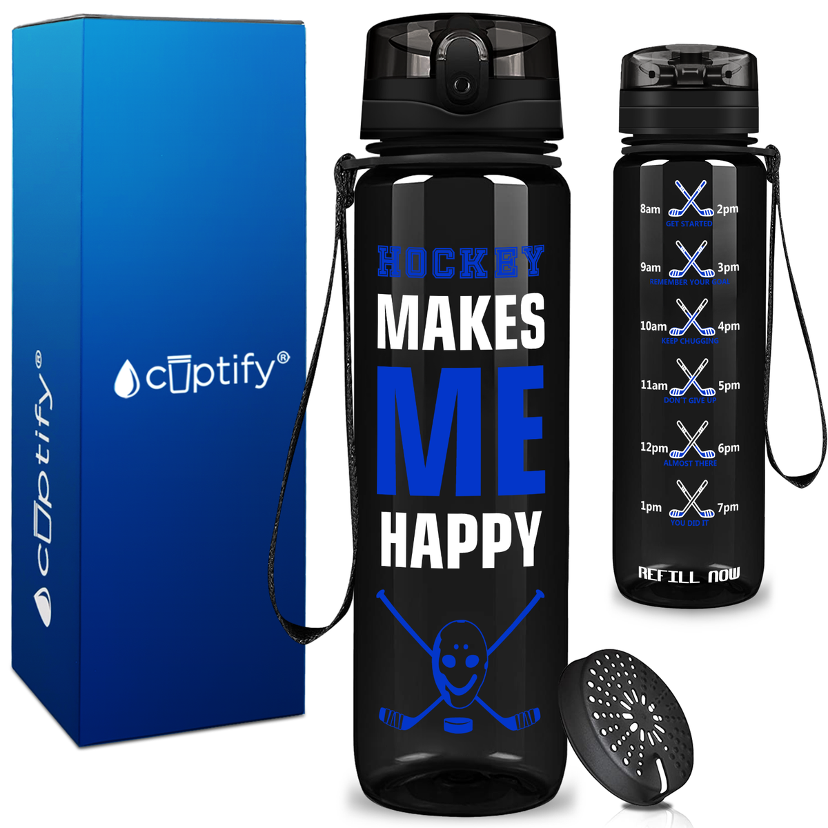 Personalized Hockey Makes Me Happy on 32 oz Motivational Tracking Water Bottle