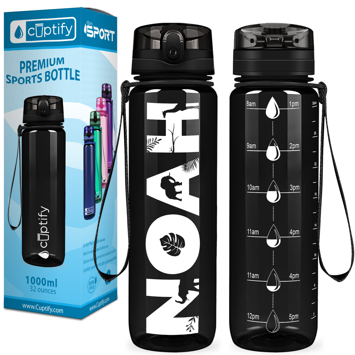 Kids Personalized on Black 32 oz Motivational Tracking Water Bottle