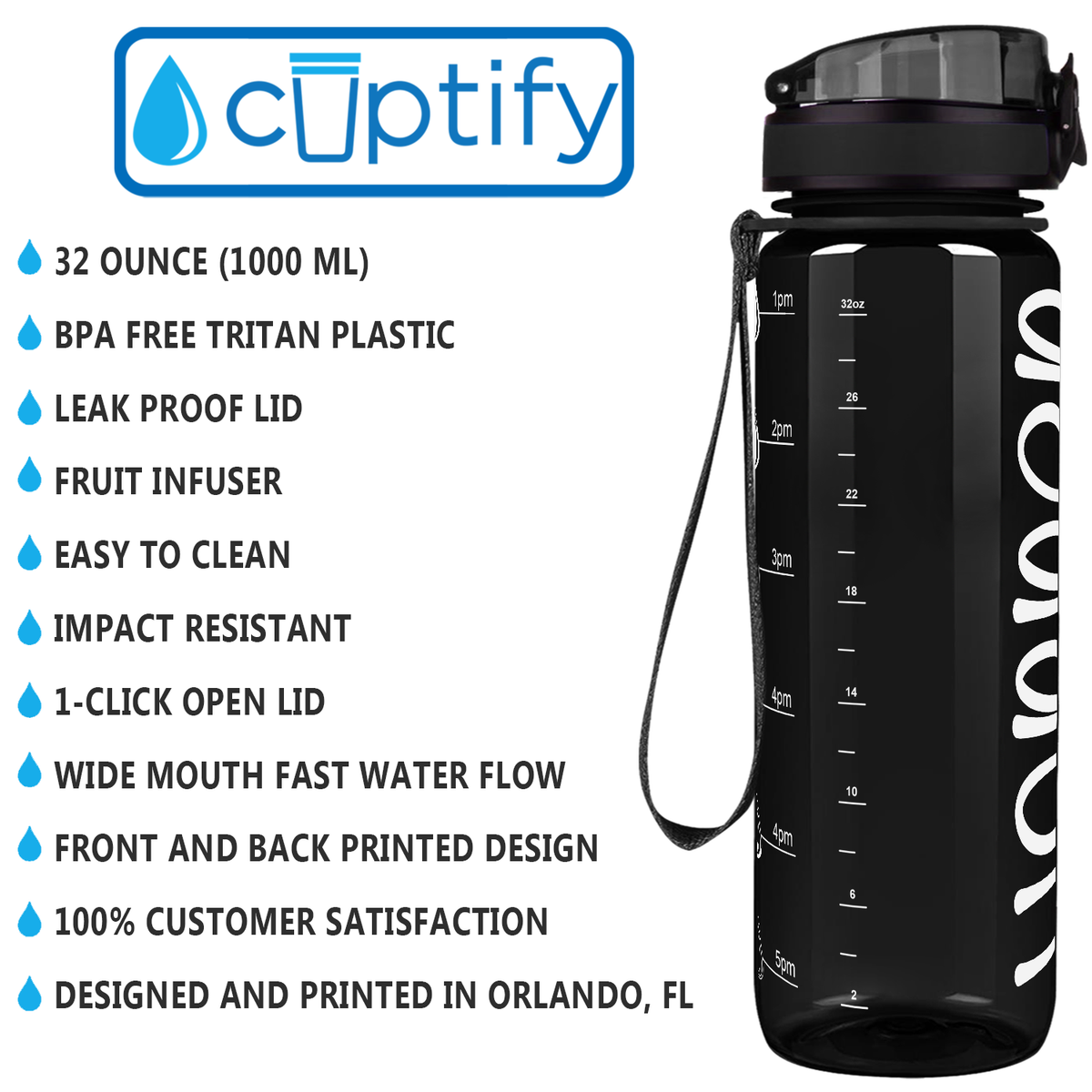 Kids Personalized on Black 32 oz Motivational Tracking Water Bottle