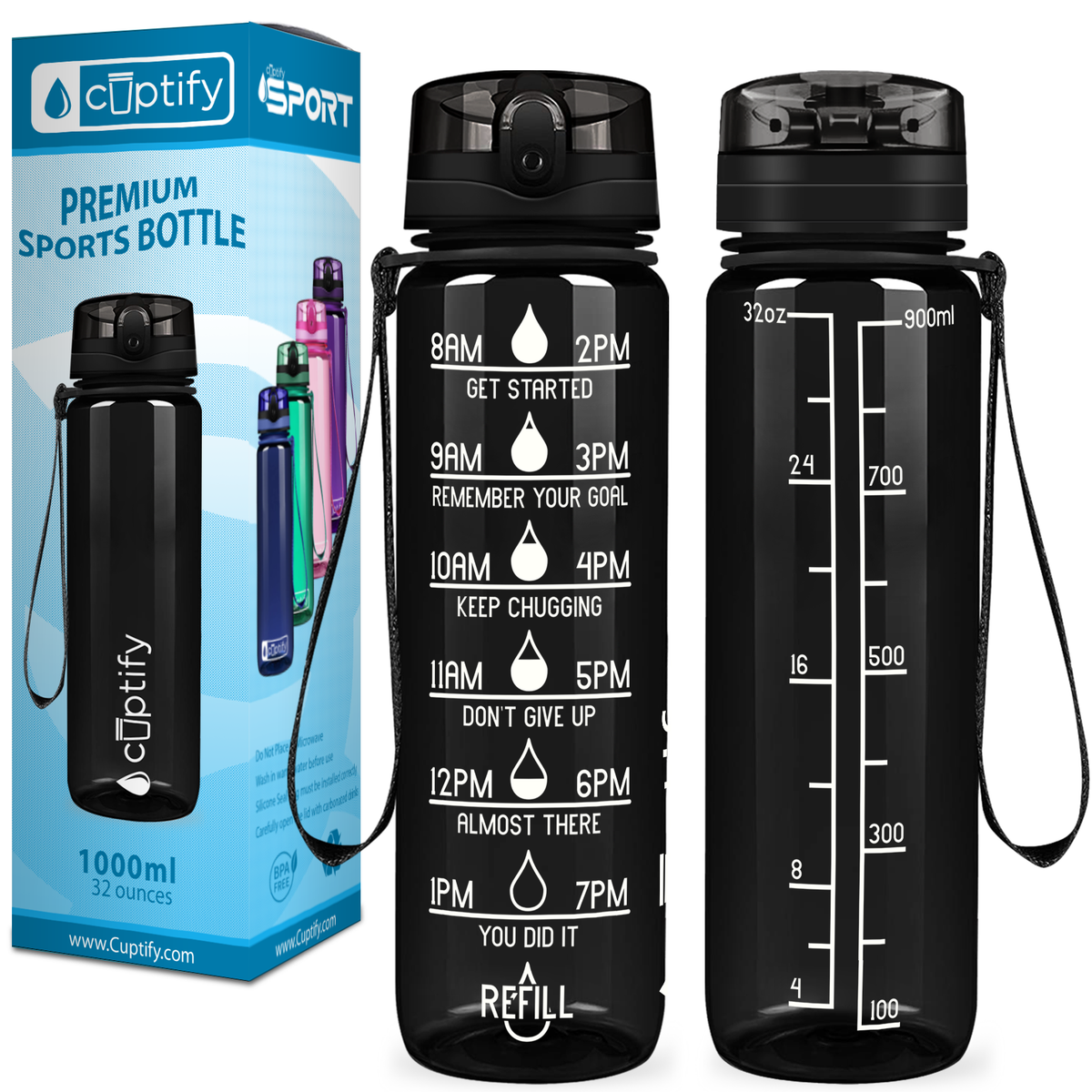 Cuptify Black Gloss 32 oz Motivational Water Bottle