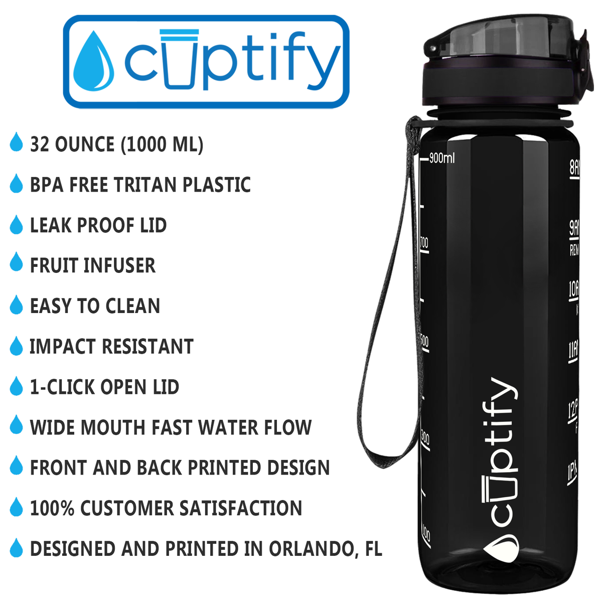 Cuptify Black Gloss 32 oz Motivational Water Bottle