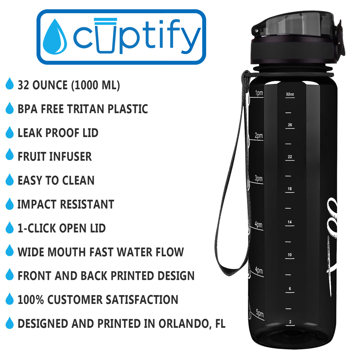 Black 32 oz Personalized Motivational Tracking Water Bottle