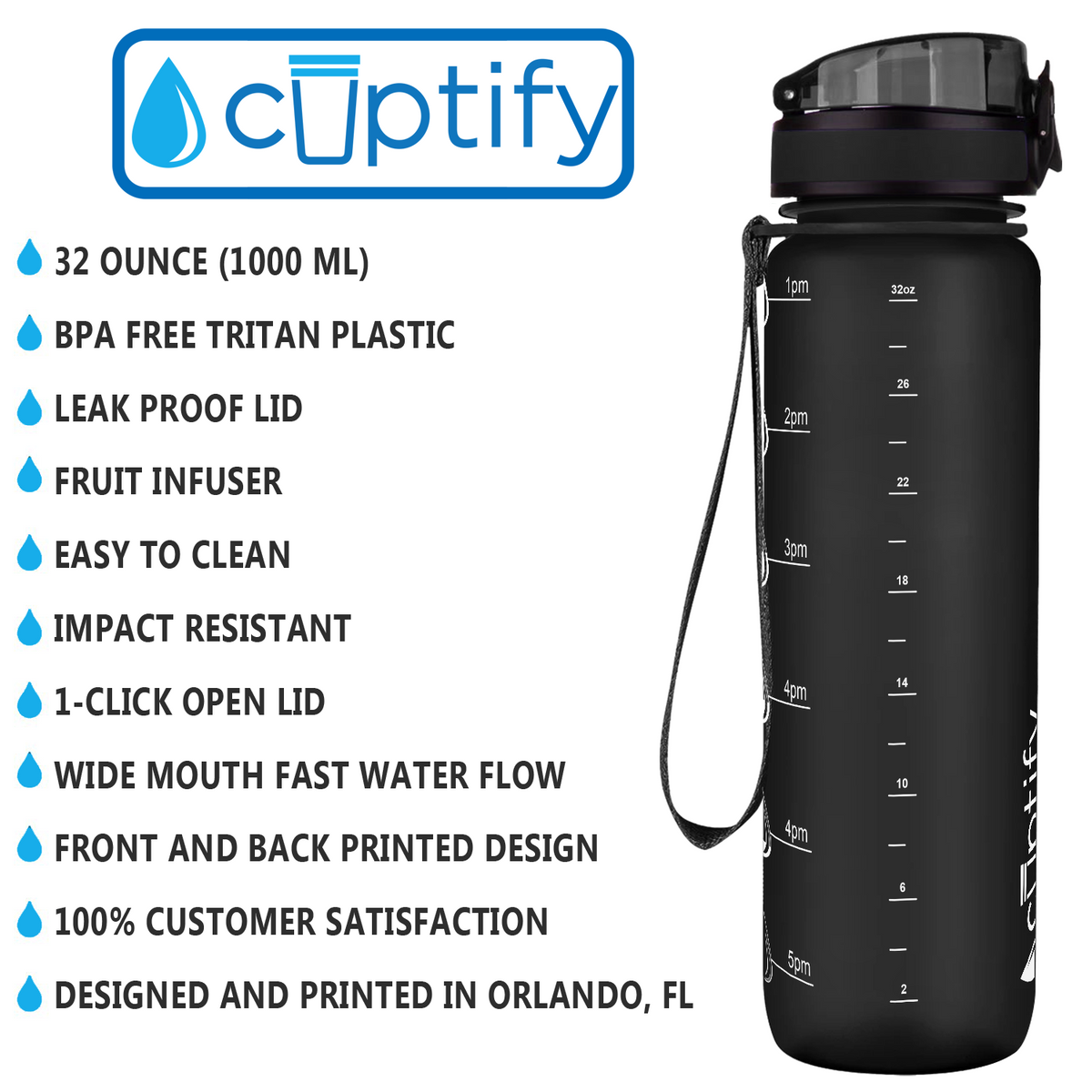 Cuptify Black Frosted 32 oz Water Bottle