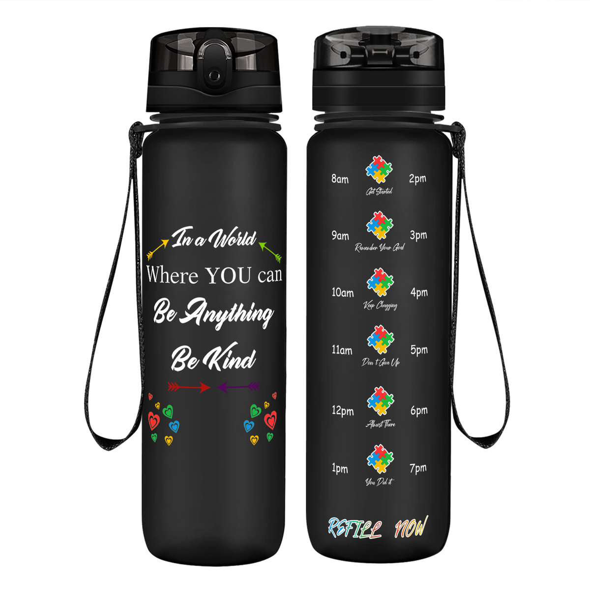 In a World Where You Can Be Anything Be Kind on 32 oz Motivational Tracking Water Bottle