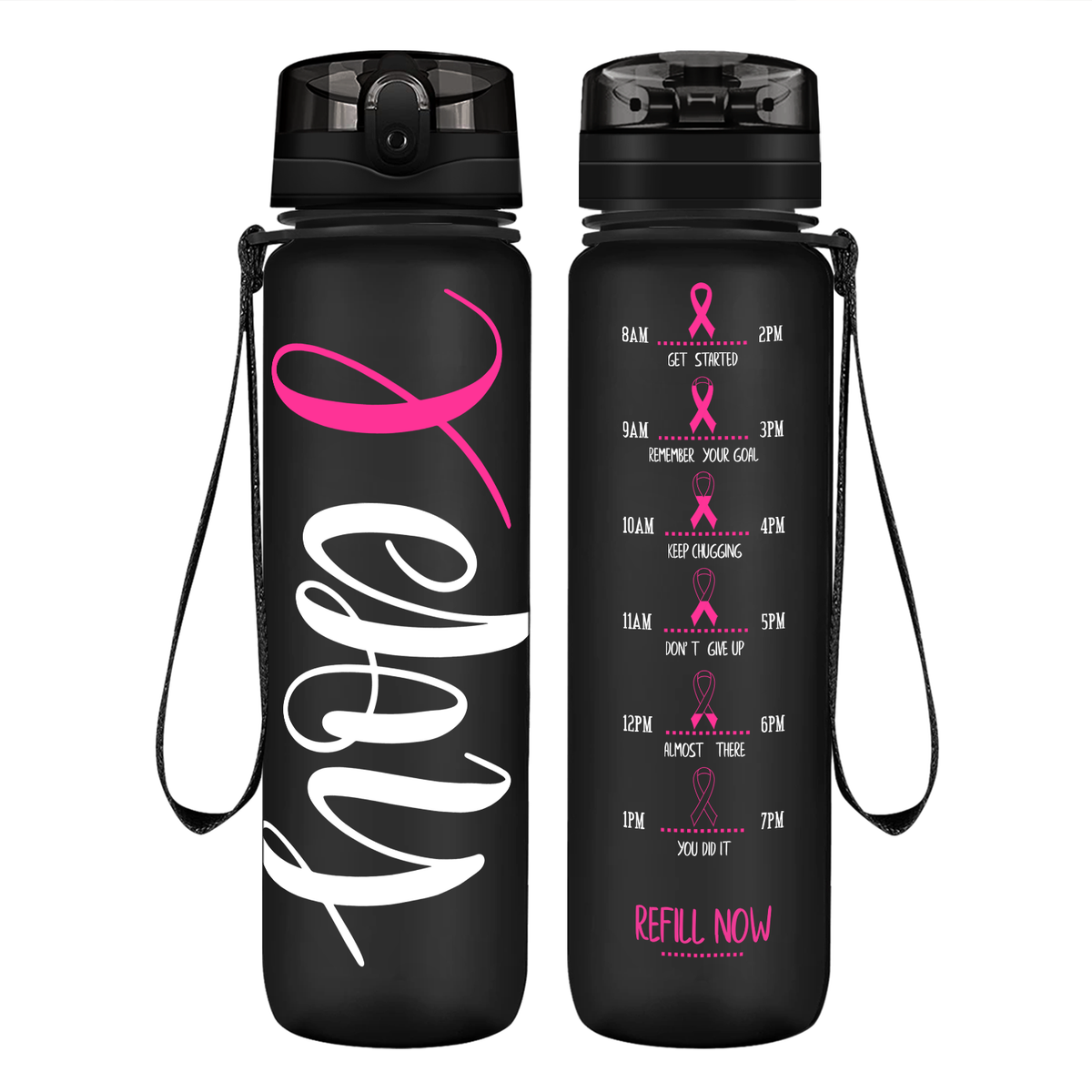 Hope Pink Ribbon on 32 oz Motivational Tracking Breast Cancer Awareness Water Bottle