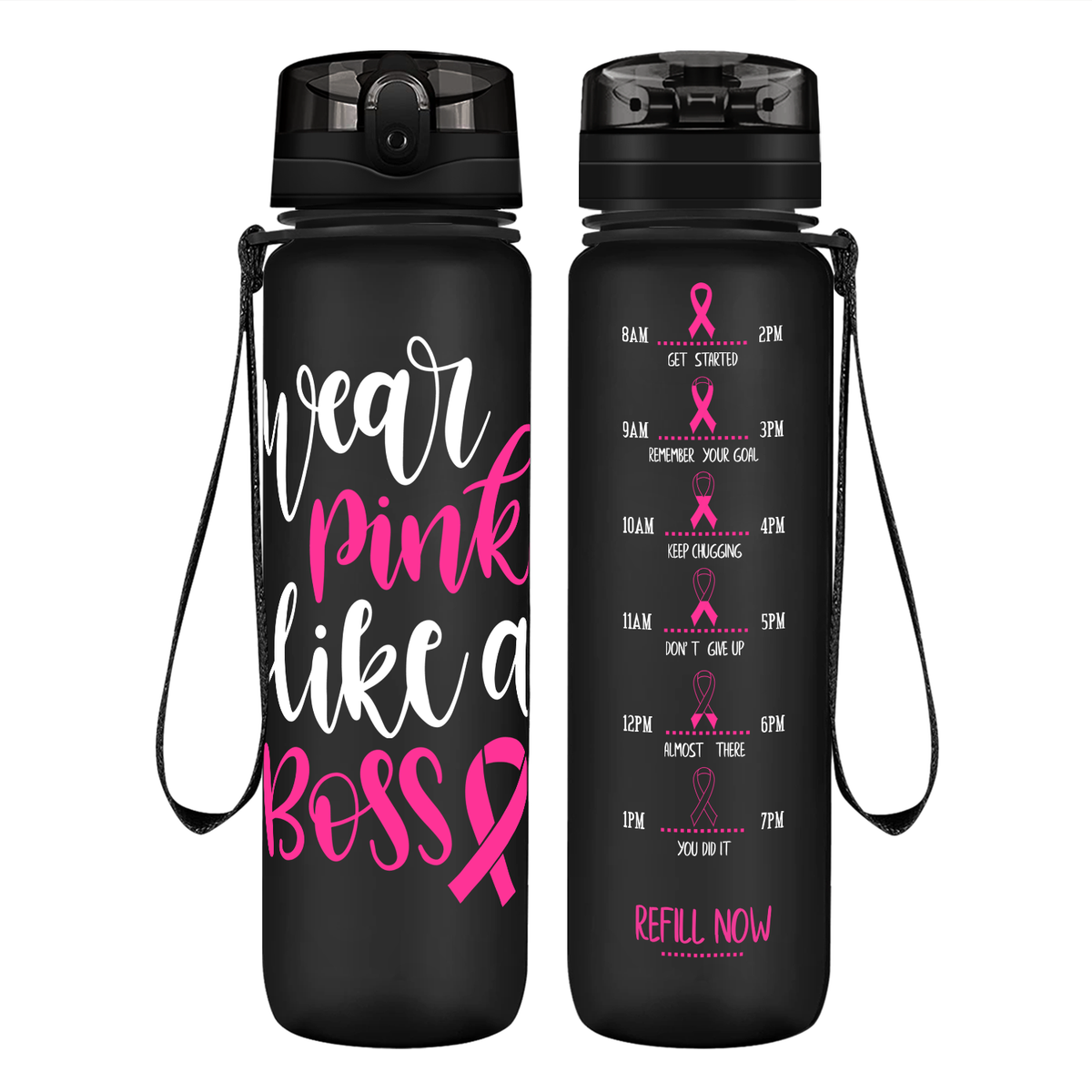 Wear Pink Like a Boss on 32 oz Motivational Tracking Breast Cancer Awareness Water Bottle