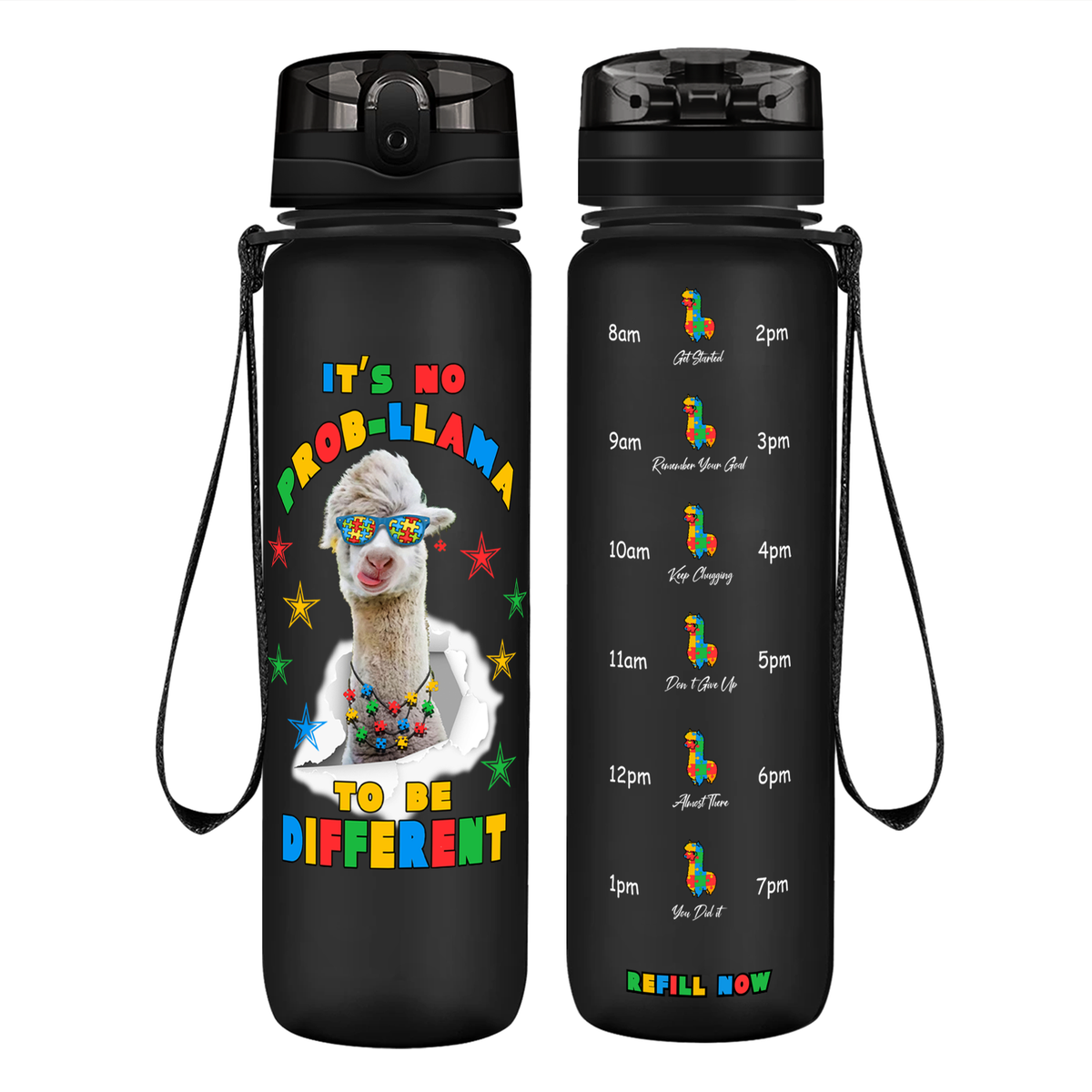 No Prob-llama Autism Stars on 32 oz Motivational Tracking Water Bottle
