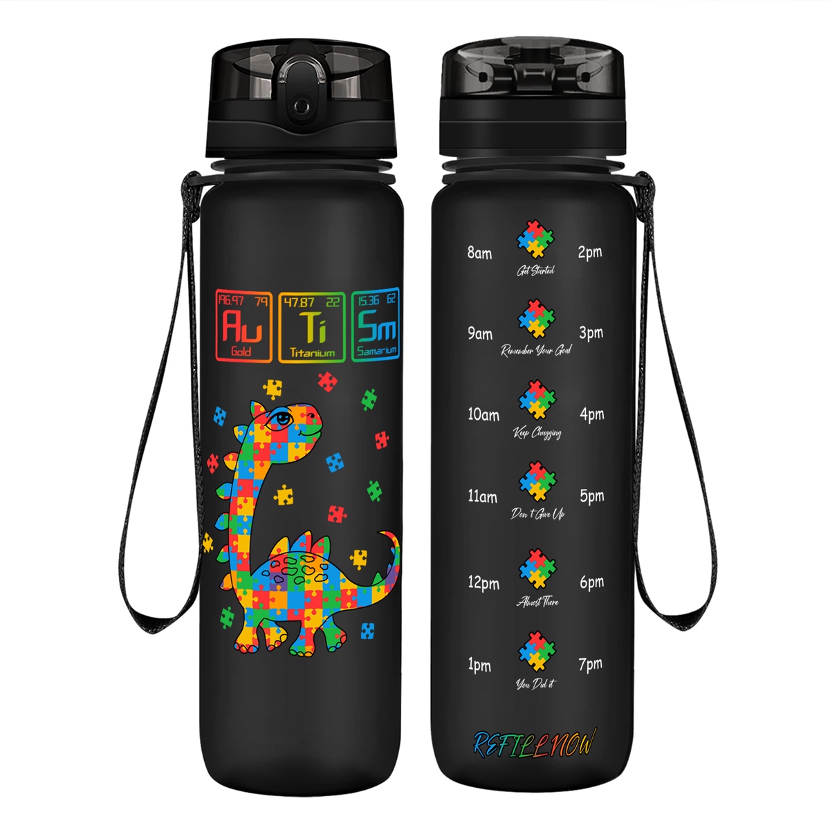 Scientific Autism Dinosaur Puzzle on 32 oz Motivational Tracking Water Bottle