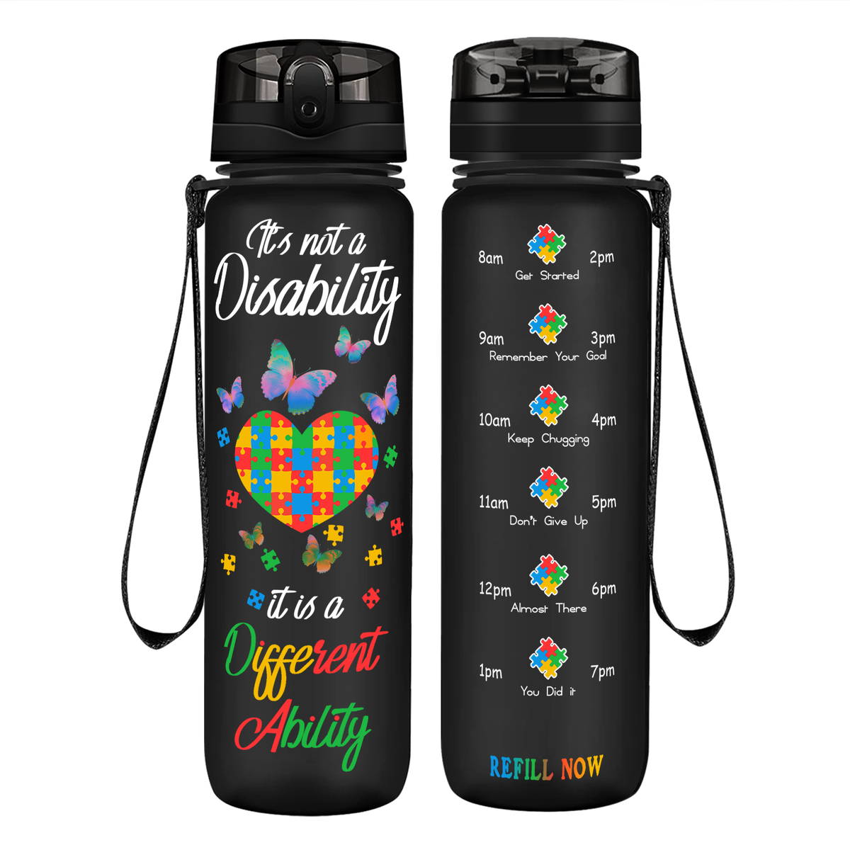 Autism Colorful Butterfly Different Ability on 32 oz Motivational Tracking Water Bottle