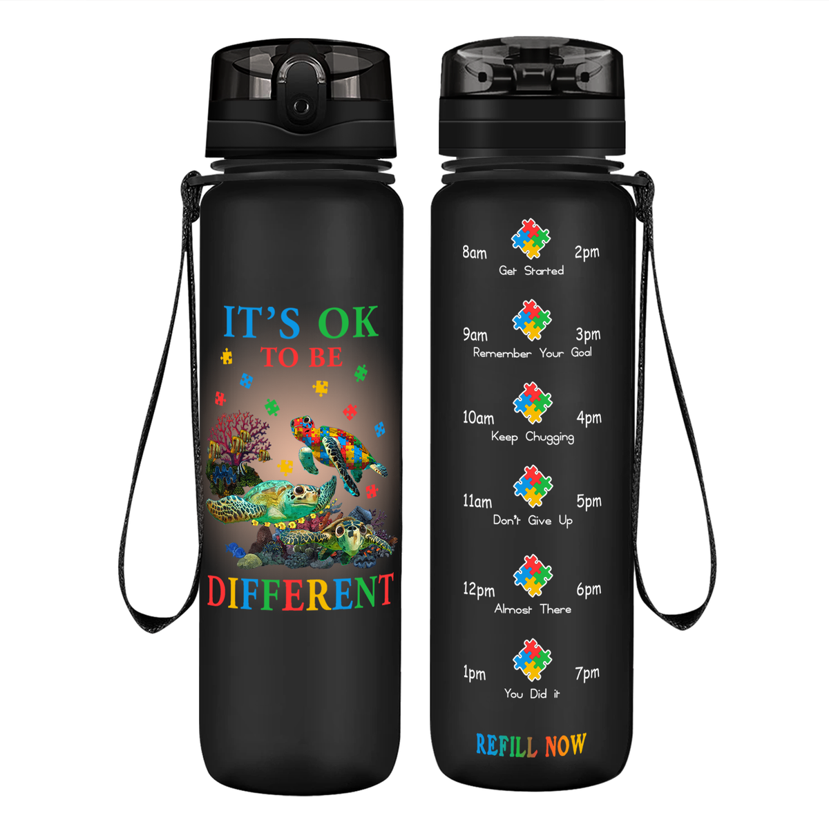 Okay To Be Different Autism Turtle on 32 oz Motivational Tracking Water Bottle