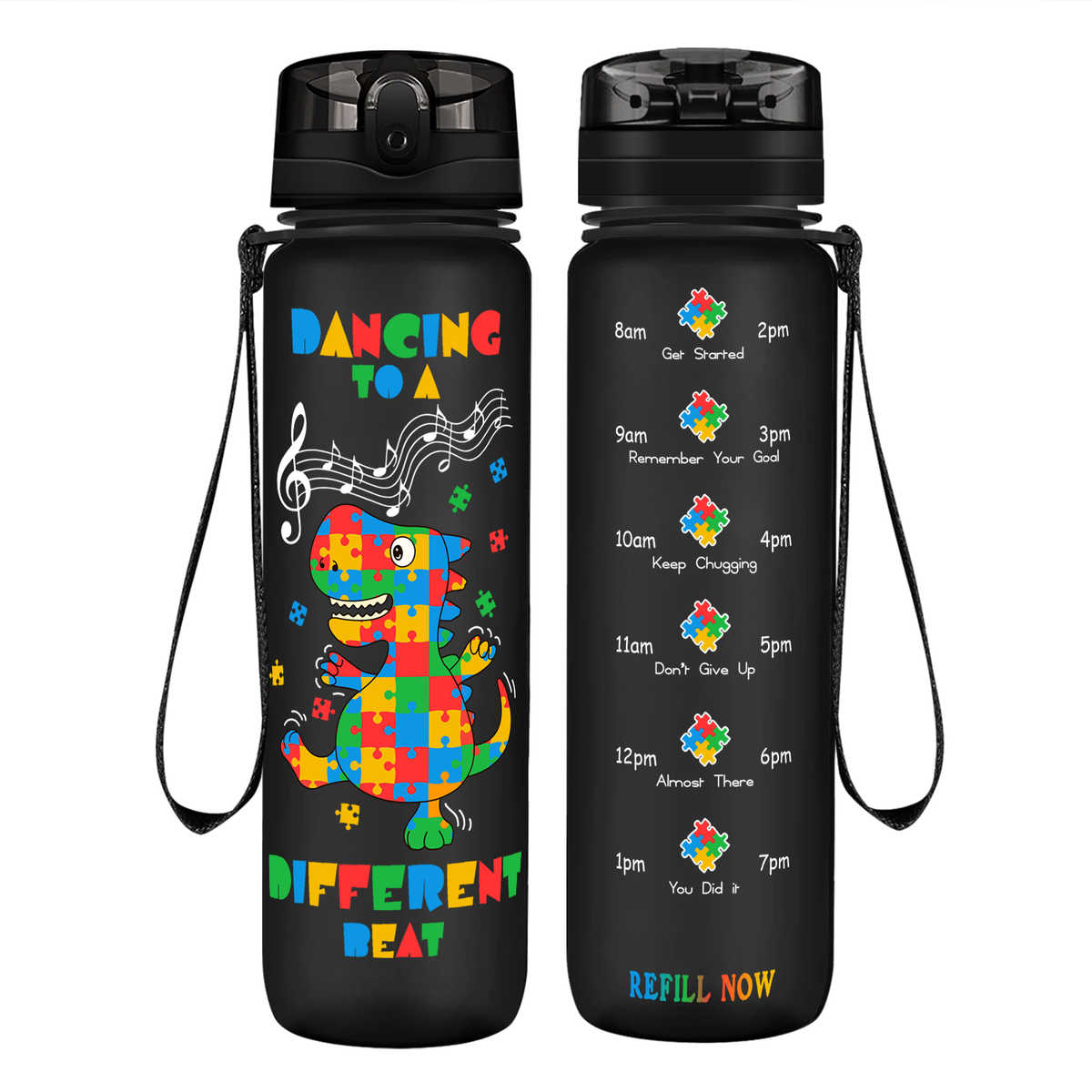 Dancing Dino Different Beat Autism on 32 oz Motivational Tracking Water Bottle