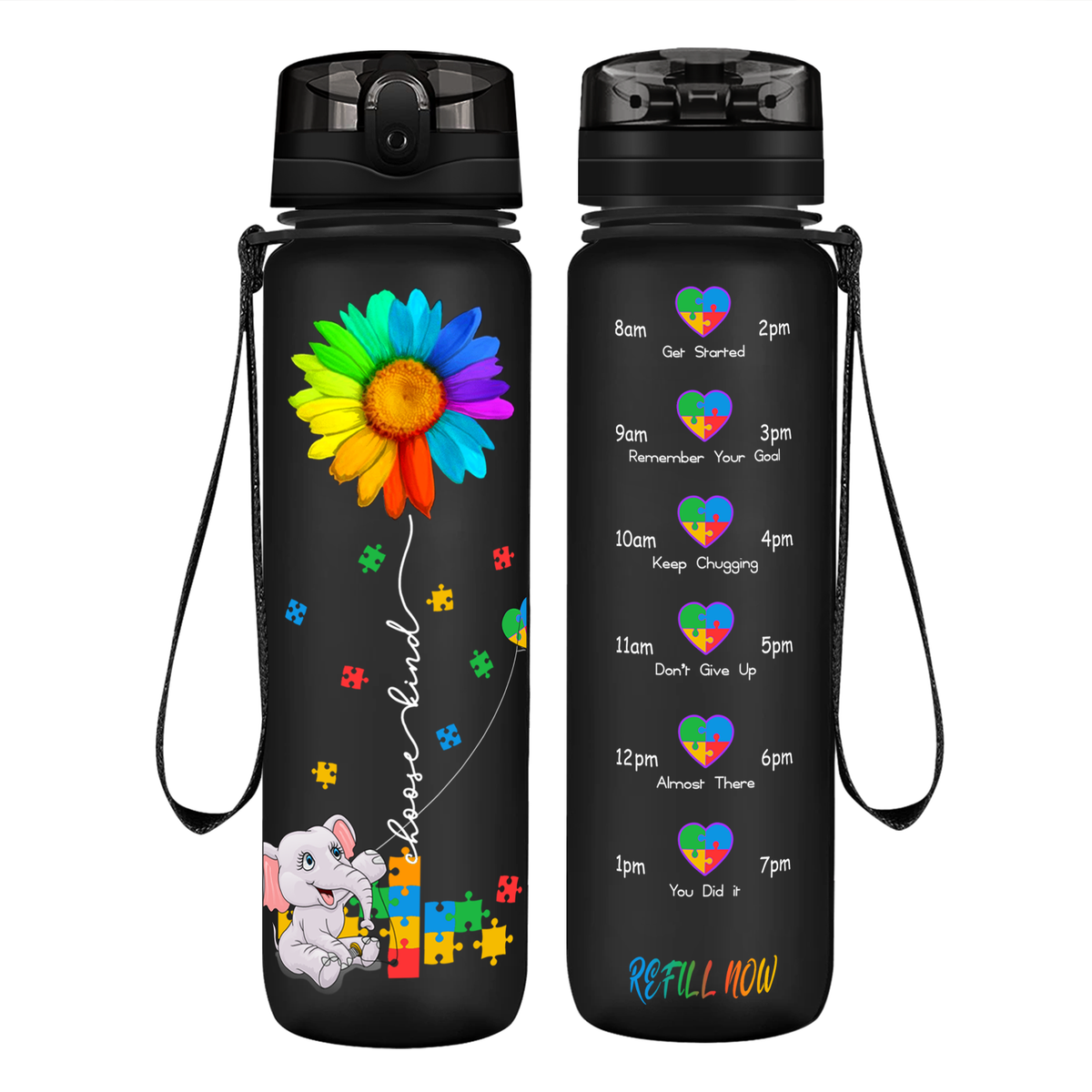 Autism Elephant Kindness Kite on 32 oz Motivational Tracking Water Bottle