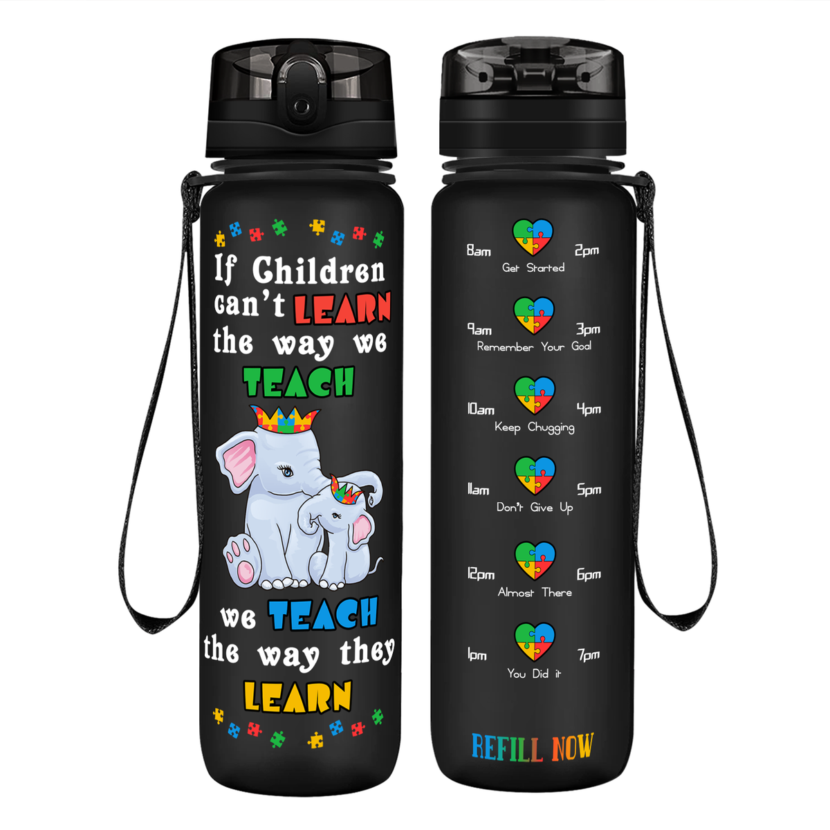 Teach The Way They Learn Elephants on 32 oz Motivational Tracking Autism Water Bottle