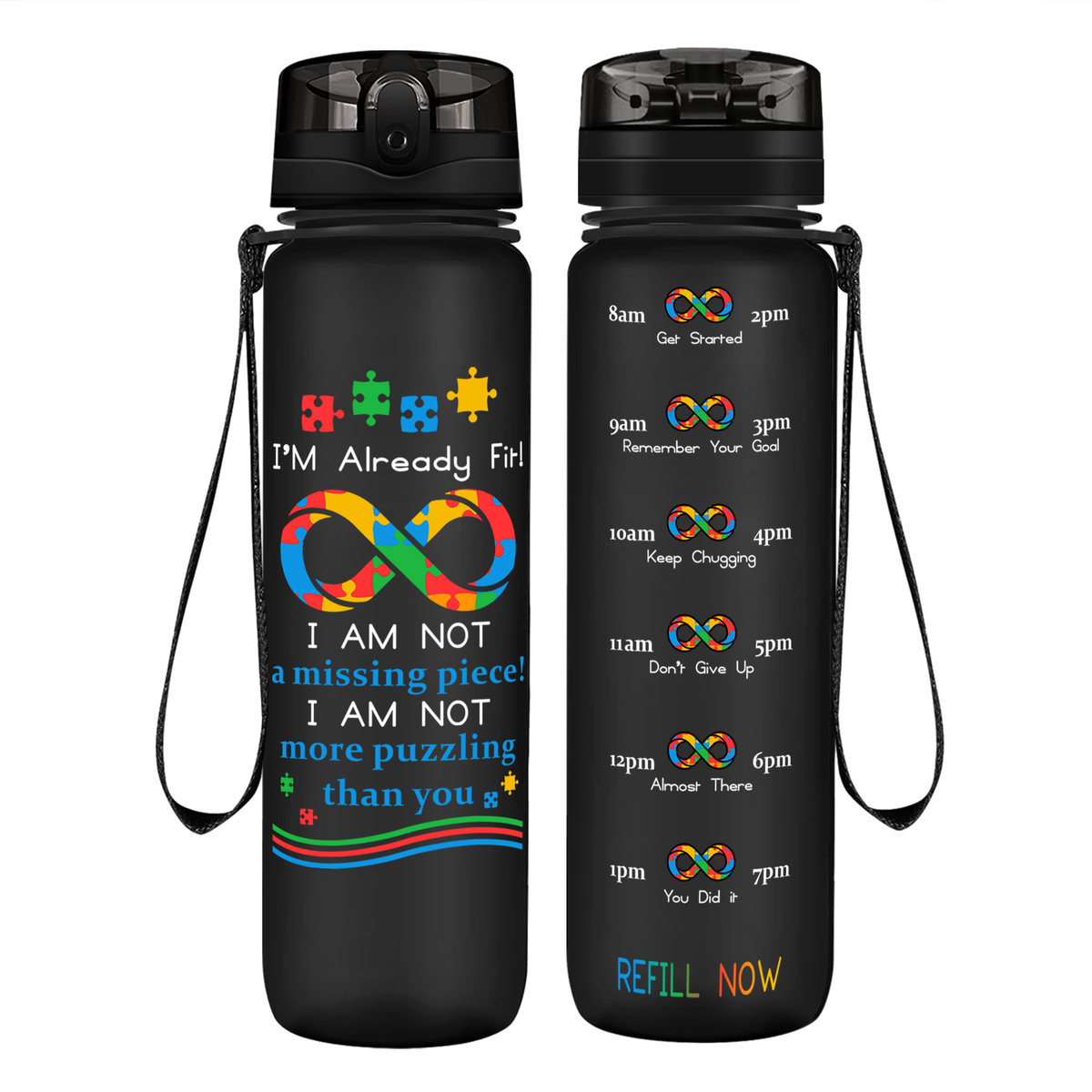 Already Fit Autism Infinity Puzzle on 32 oz Motivational Tracking Water Bottle