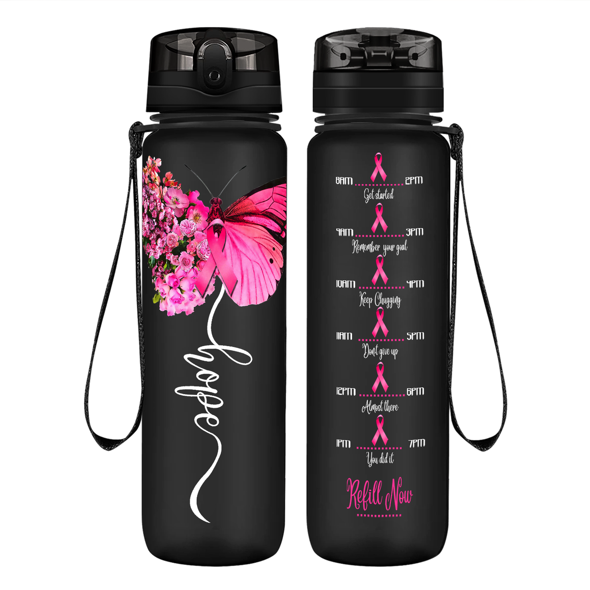 Breast Cancer Hope Butterfly on 32 oz Motivational Tracking Breast Cancer Awareness Water Bottle