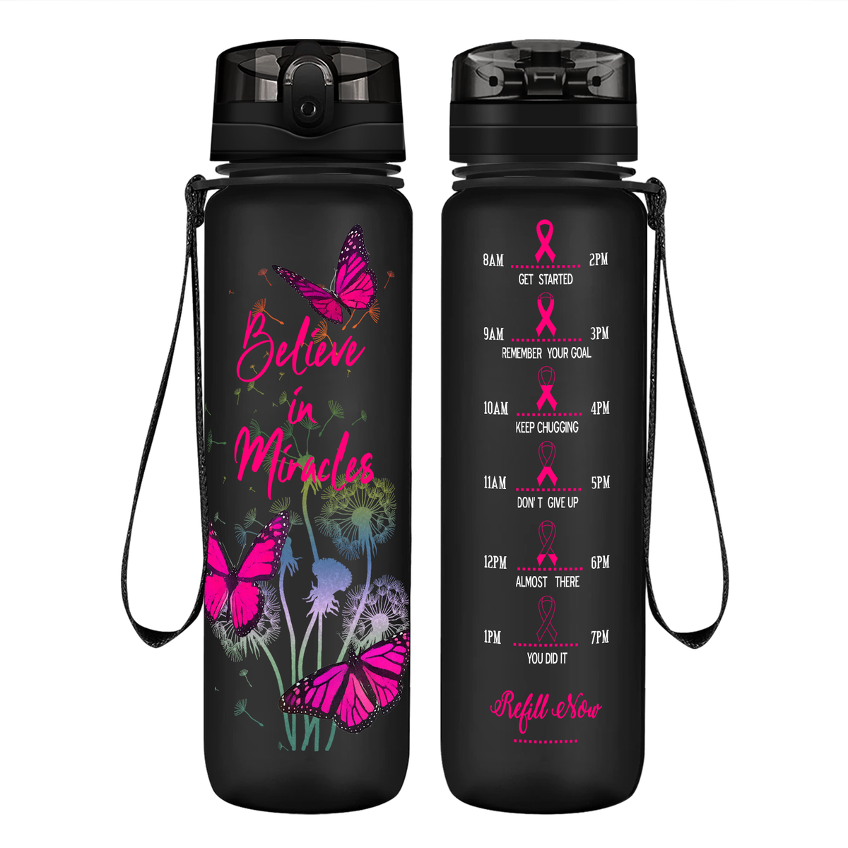 Believe in Miracles on 32 oz Motivational Tracking Breast Cancer Awareness Water Bottle