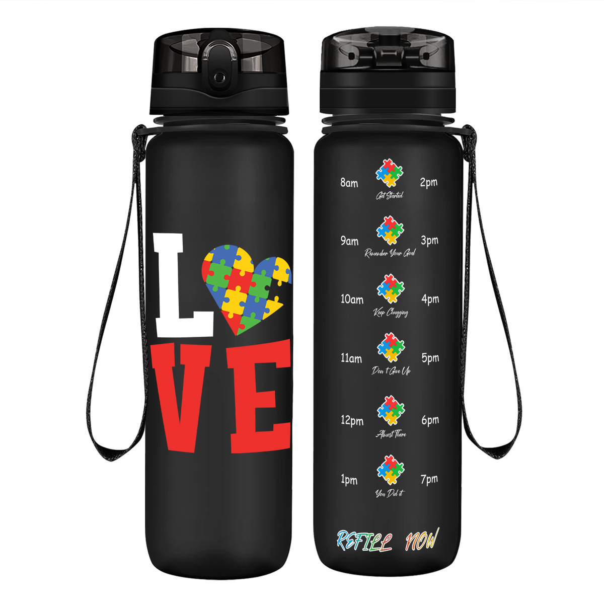 Autism Love on 32 oz Motivational Tracking Water Bottle