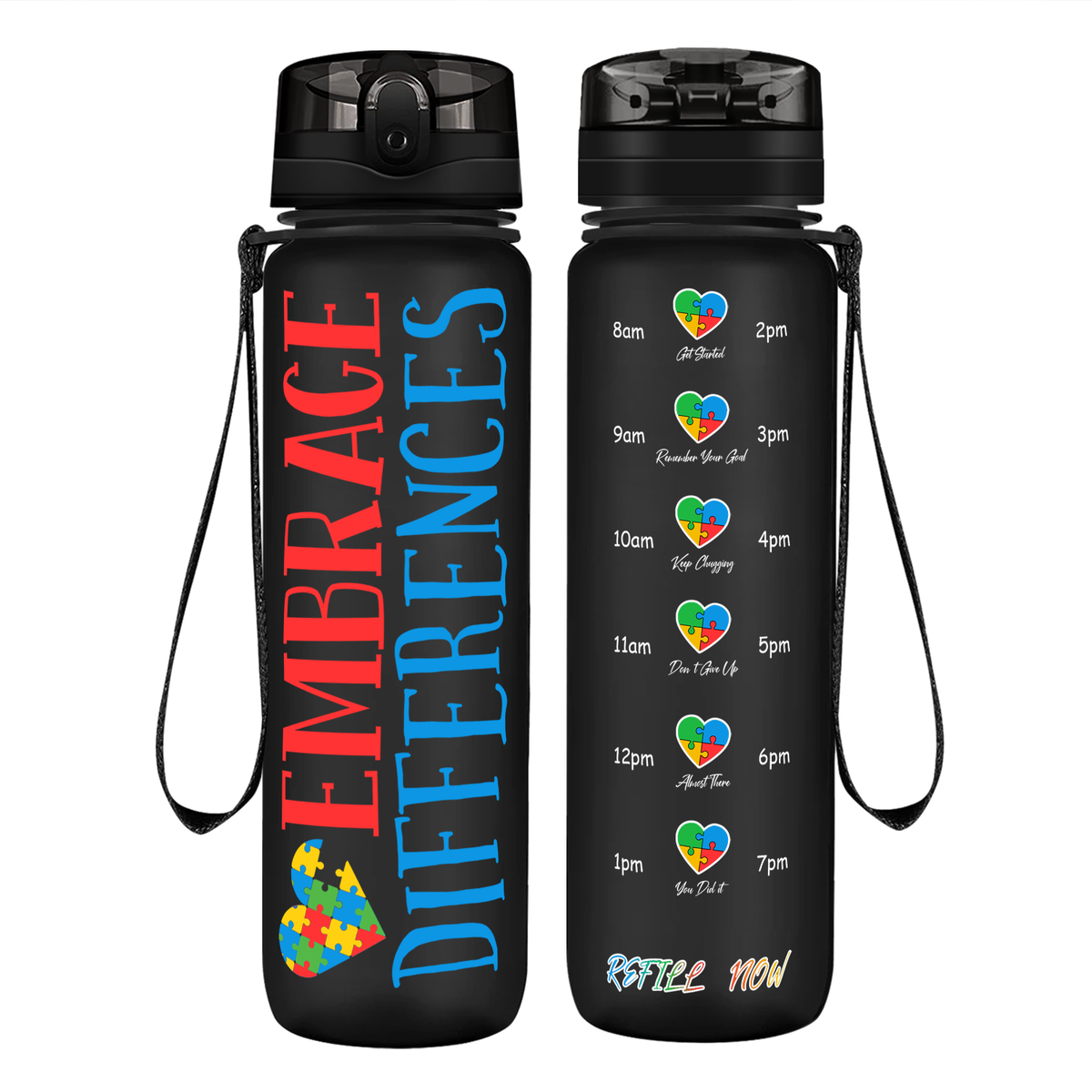Embrace Differences on 32 oz Motivational Tracking Autism Water Bottle