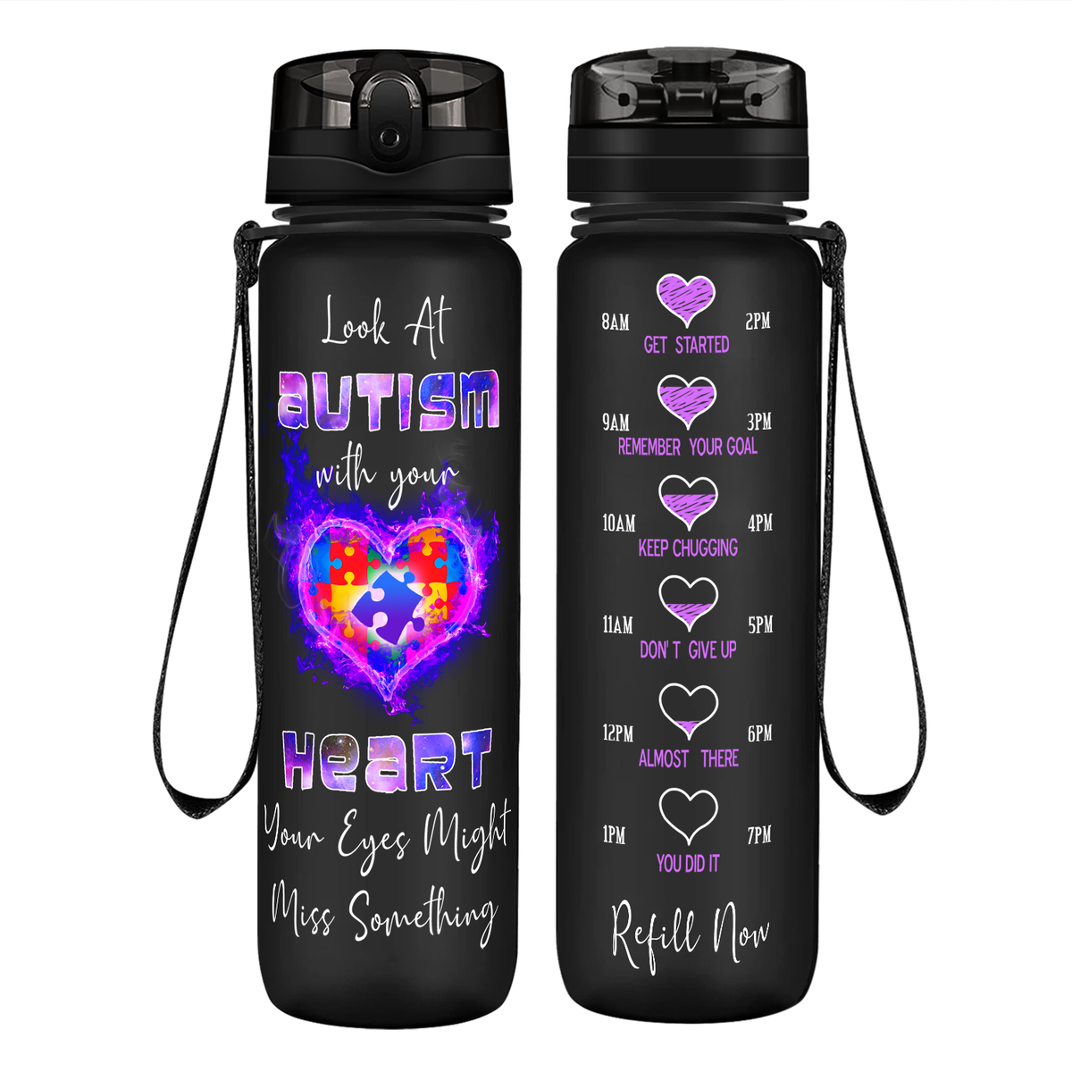 Look at Autism with Your Heart on 32 oz Motivational Tracking Water Bottle