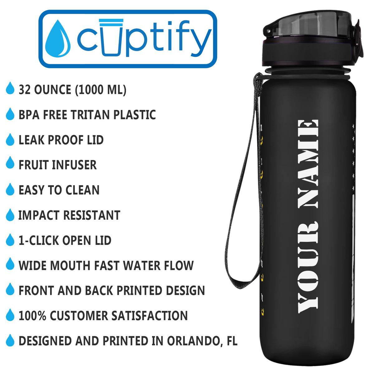 Personalized Distressed Thin Gold Line Flag on 32 oz Motivational Tracking Water Bottle