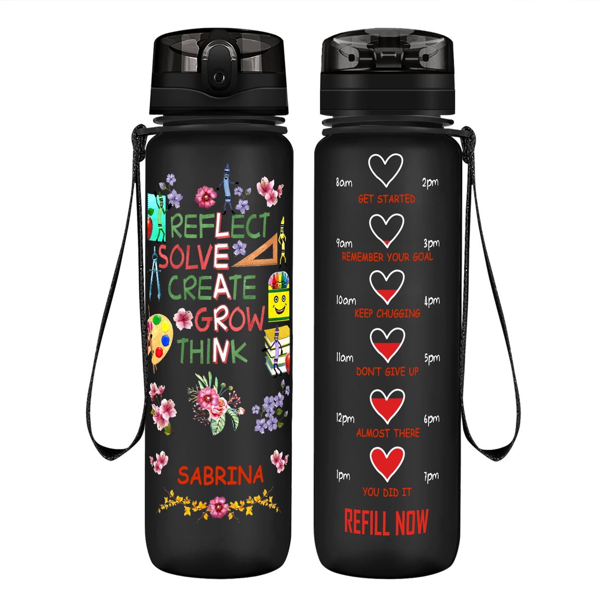 Personalized Reflect Solve Create Grow Think on 32 oz Motivational Tracking Water Bottle