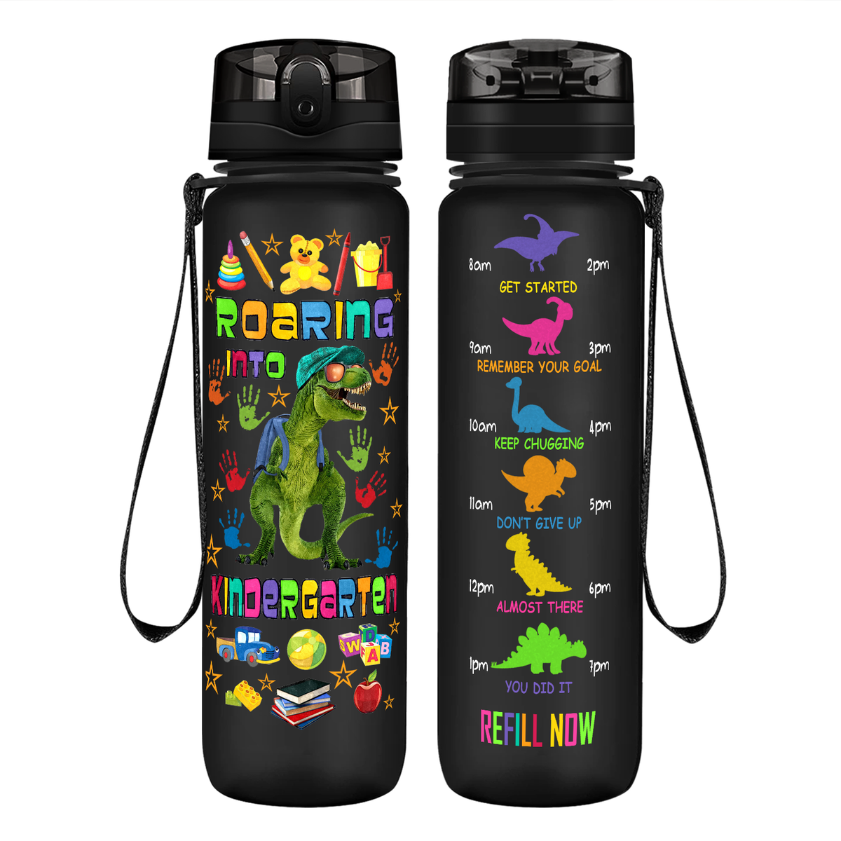 Roaring Into Kindergarten on 32 oz Motivational Tracking Water Bottle