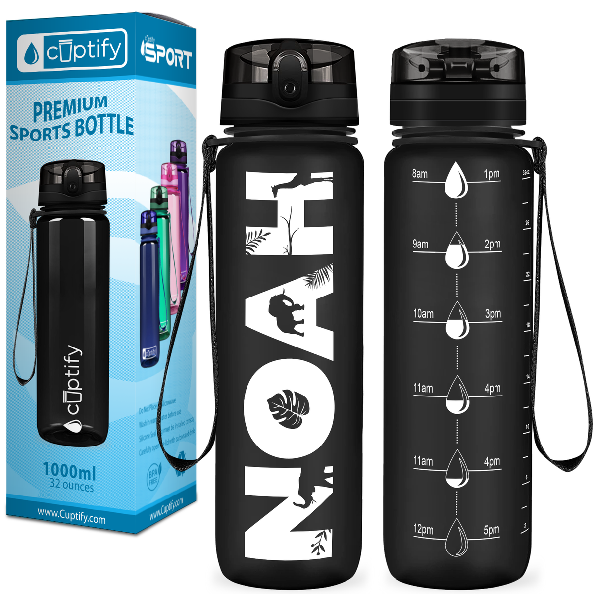 Kids Personalized on Black Frosted 32 oz Motivational Tracking Water Bottle