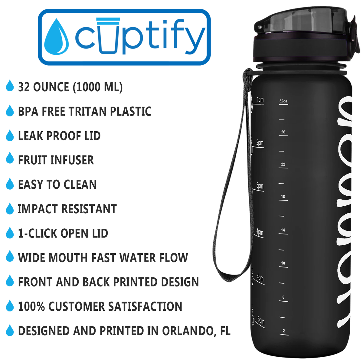 Kids Personalized on Black Frosted 32 oz Motivational Tracking Water Bottle