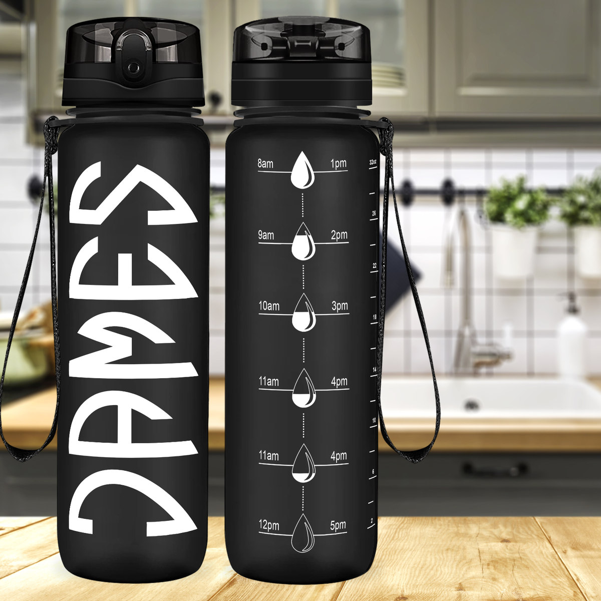 Kids Personalized on Black Frosted 32 oz Motivational Tracking Water Bottle