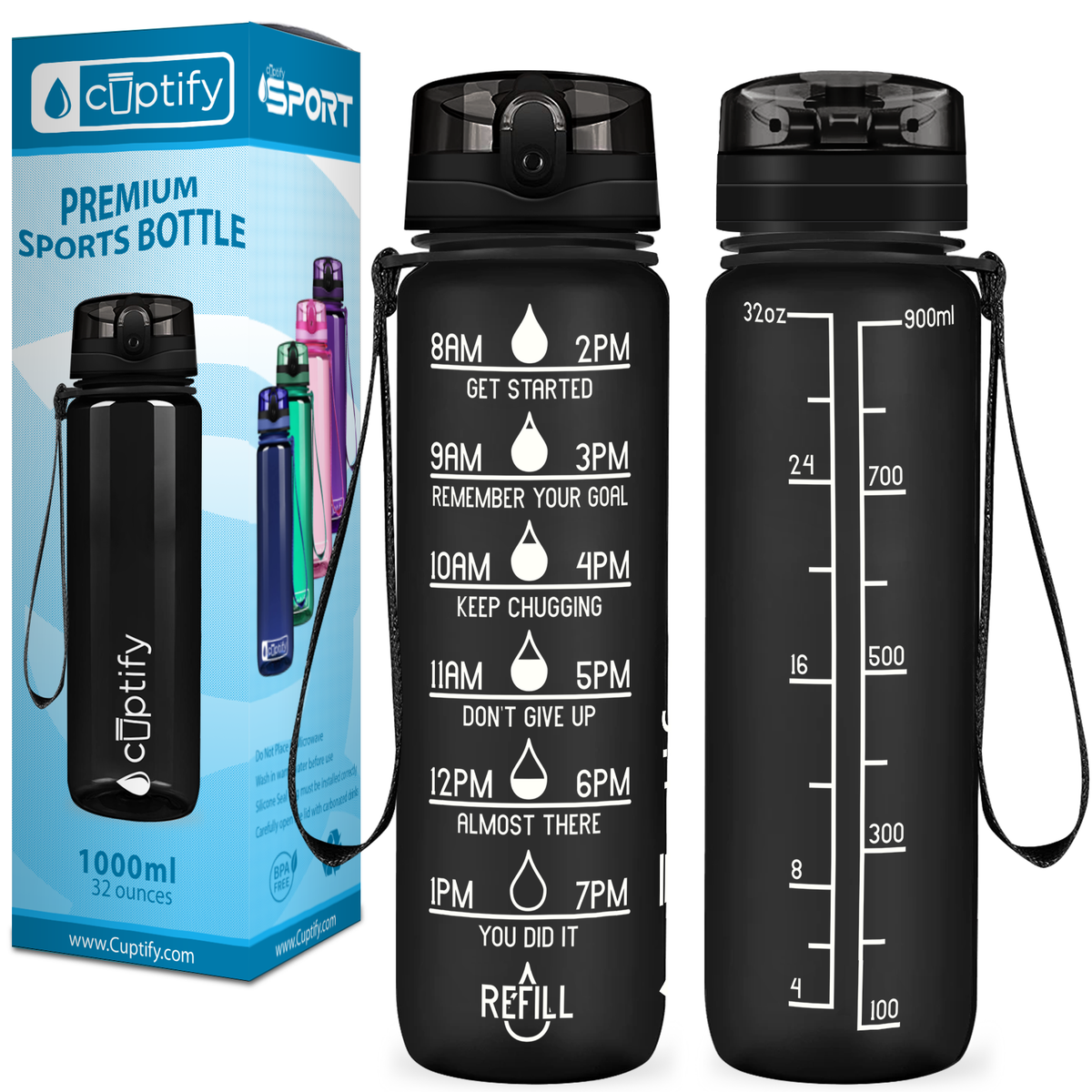 Cuptify Black Frosted 32 oz Motivational Water Bottle