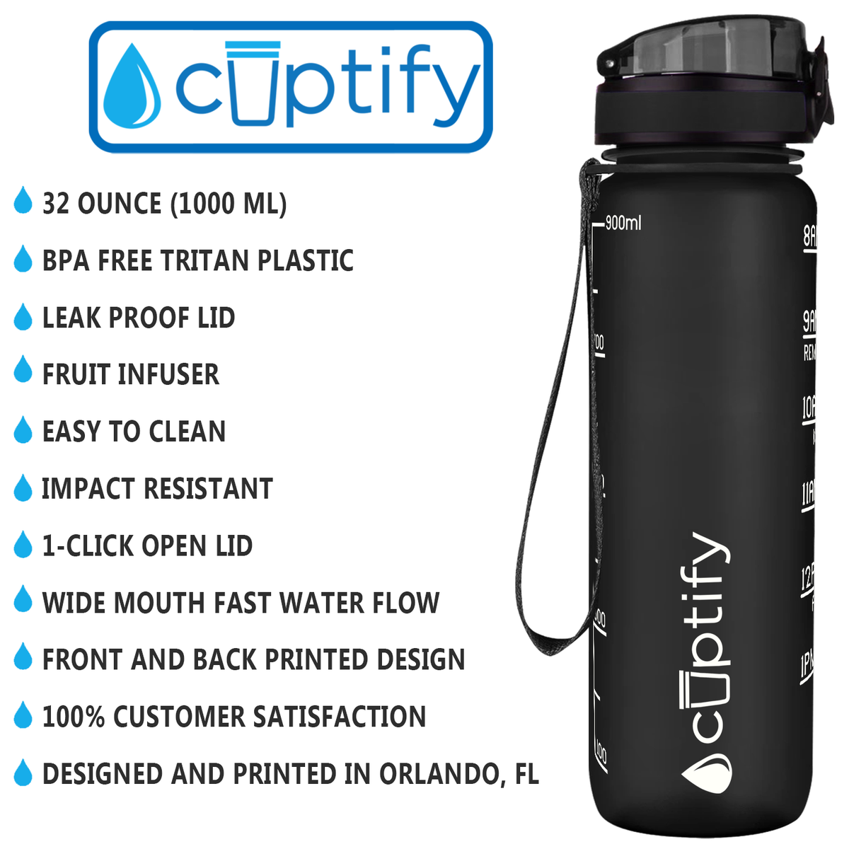 Cuptify Black Frosted 32 oz Motivational Water Bottle