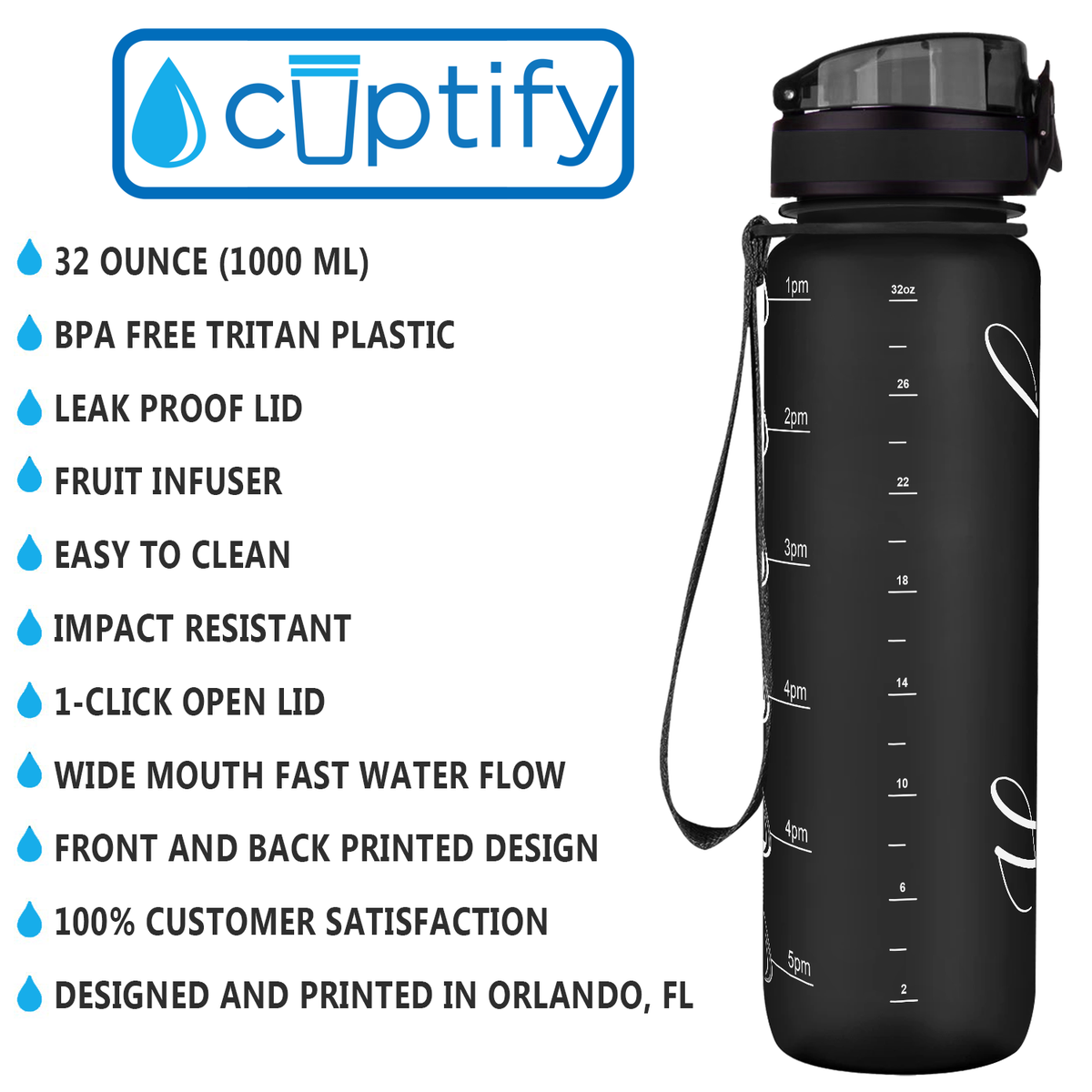 Black Frosted 32 oz Personalized Motivational Tracking Water Bottle