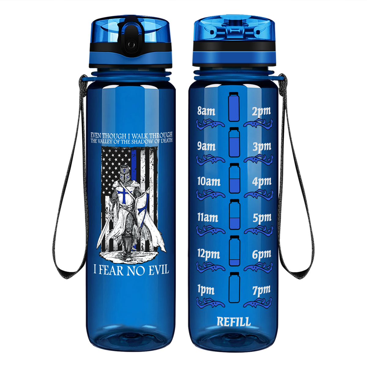Thin Blue Line Police Knight on 32 oz Motivational Tracking Water Bottle