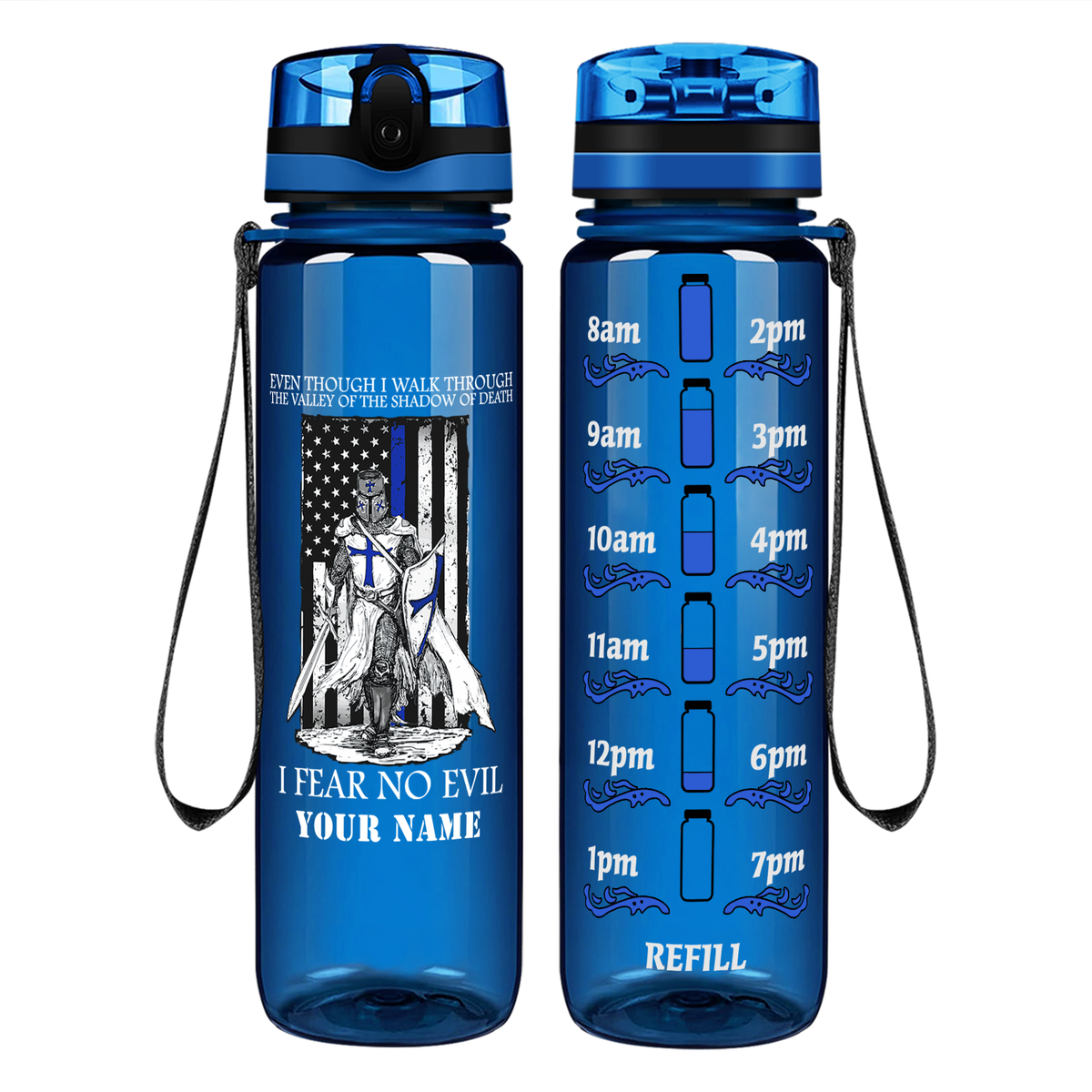 Personalized Thin Blue Line Police Knight on 32 oz Motivational Tracking Water Bottle