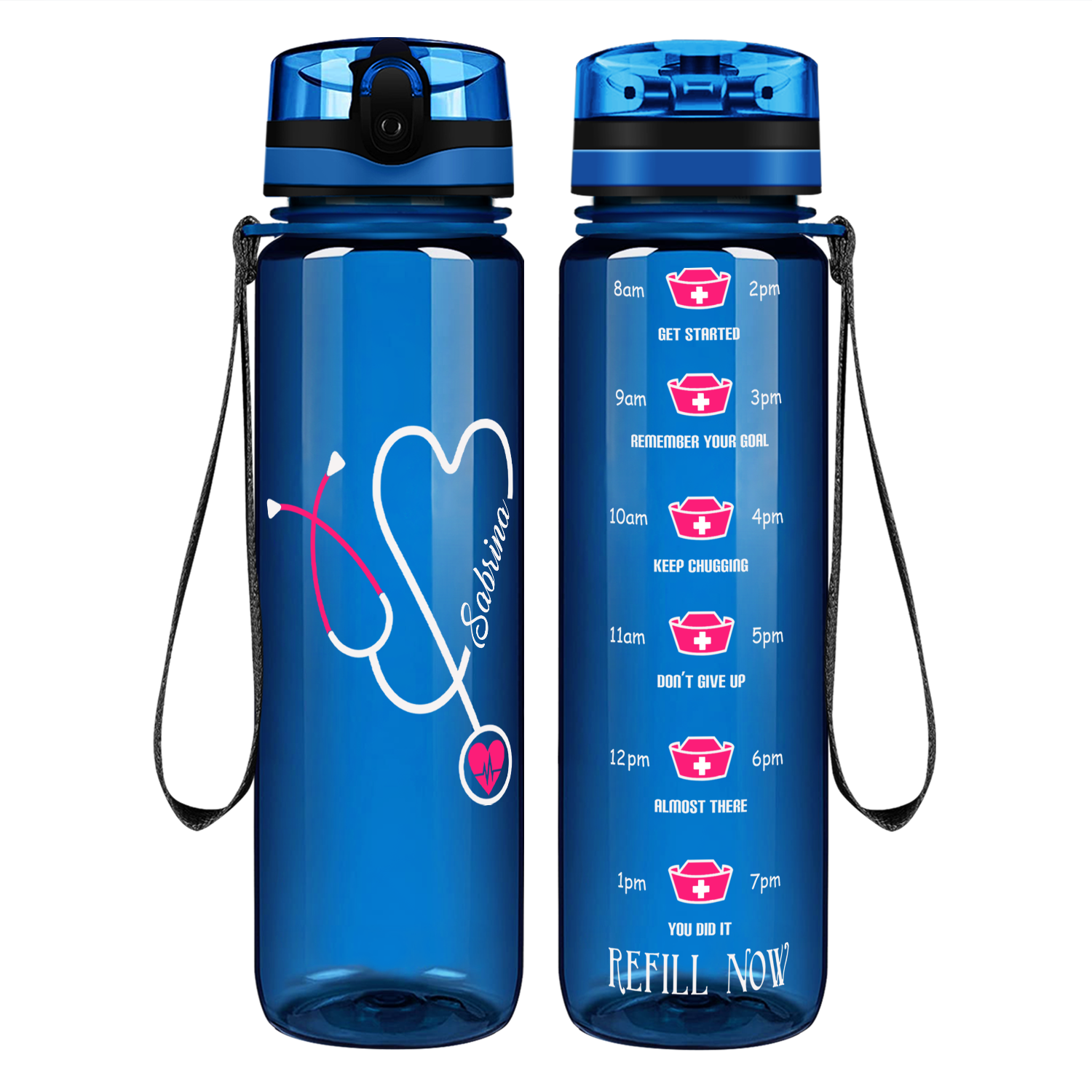 Personalized Nurse Water Bottle Pink Stethoscope Heart Motivational Tracking Water Bottle