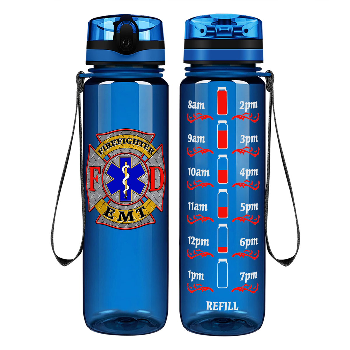 EMT Firefighter FD Badge on 32 oz Motivational Tracking Water Bottle