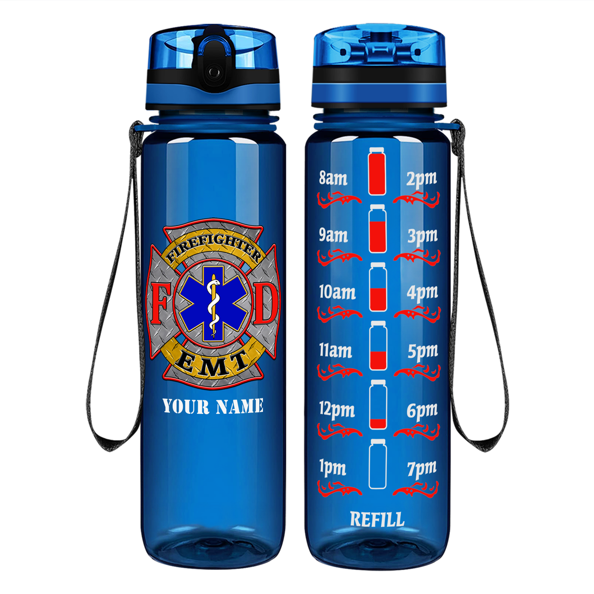 Personalized EMT Firefighter FD Badge on 32 oz Motivational Tracking Water Bottle