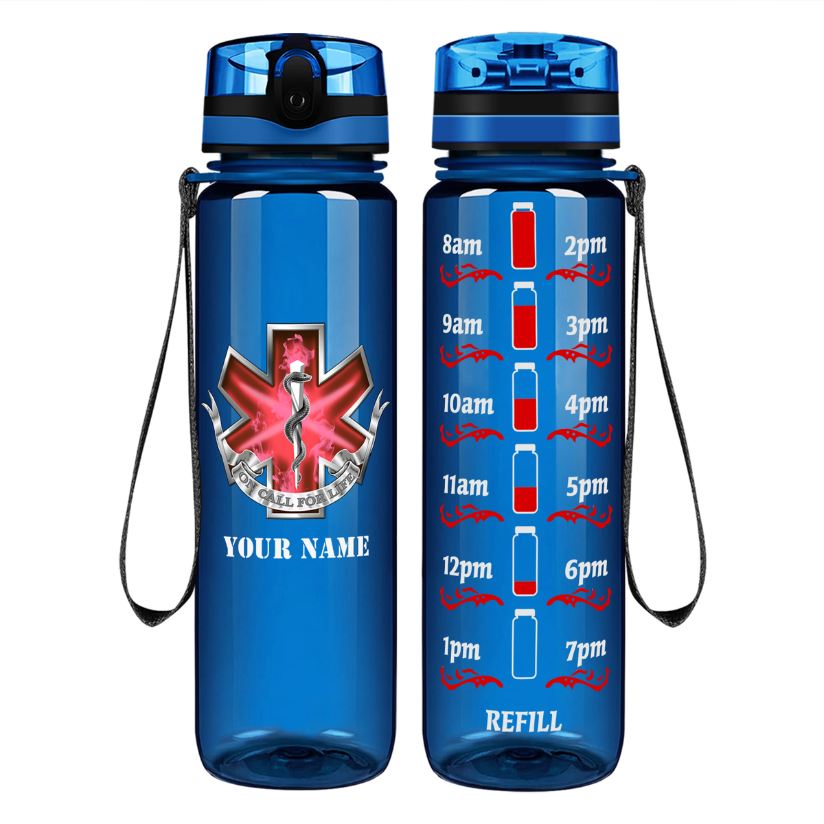Personalized EMT EMS On Call for Life Red Badge on 32 oz Motivational Tracking Water Bottle